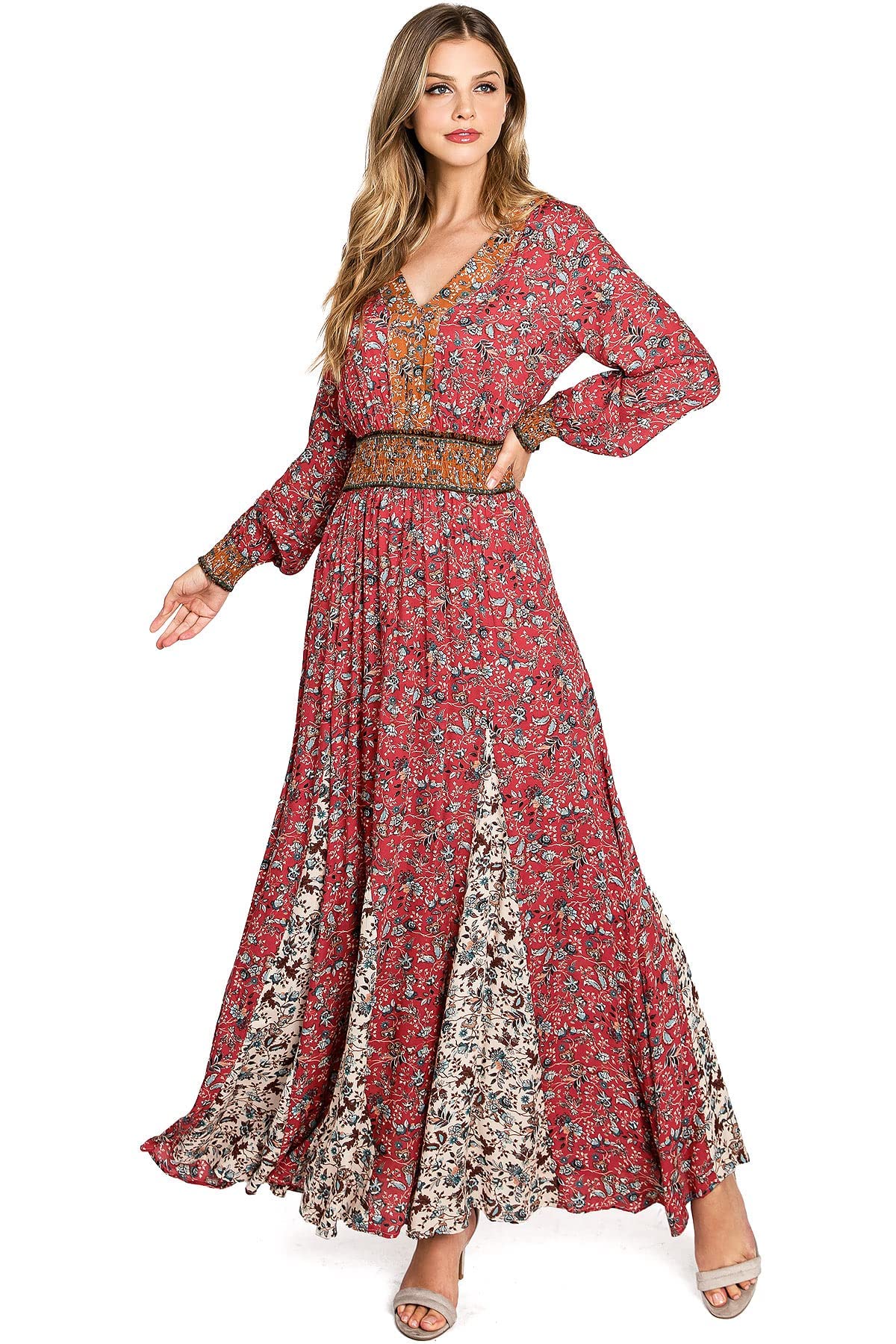 Love Stitch Women's Long Sleeve Bohemian Full A-line Maxi Dress - Elegant Flowy Floral Printed Dress for Casual, Party & Wedding Occasions