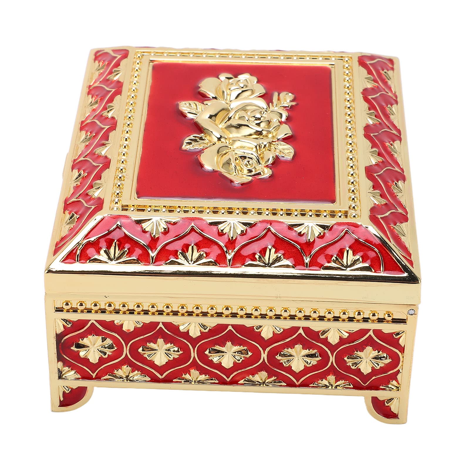 Vintage Embossed Metal Jewelry Box with Velvet Lining - European Style Decorative Storage for Earrings, Rings & Necklaces - Perfect Gift for Women, Home Decor & Jewelry Organization (Red)