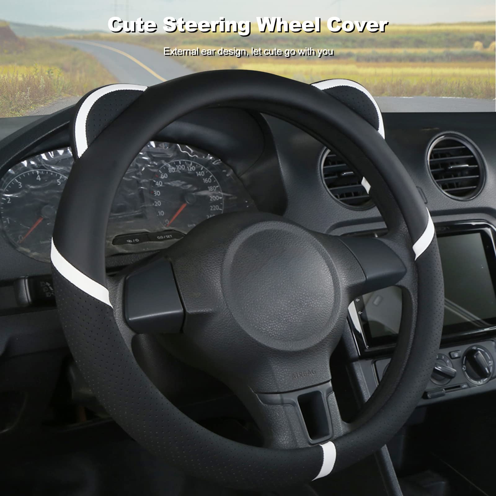 Ergocar D-Shaped Steering Wheel Cover - Cute Cartoon Cat Ears Design, Anti-Slip Microfiber PU Leather, Breathable Steering Wheel Protector (15