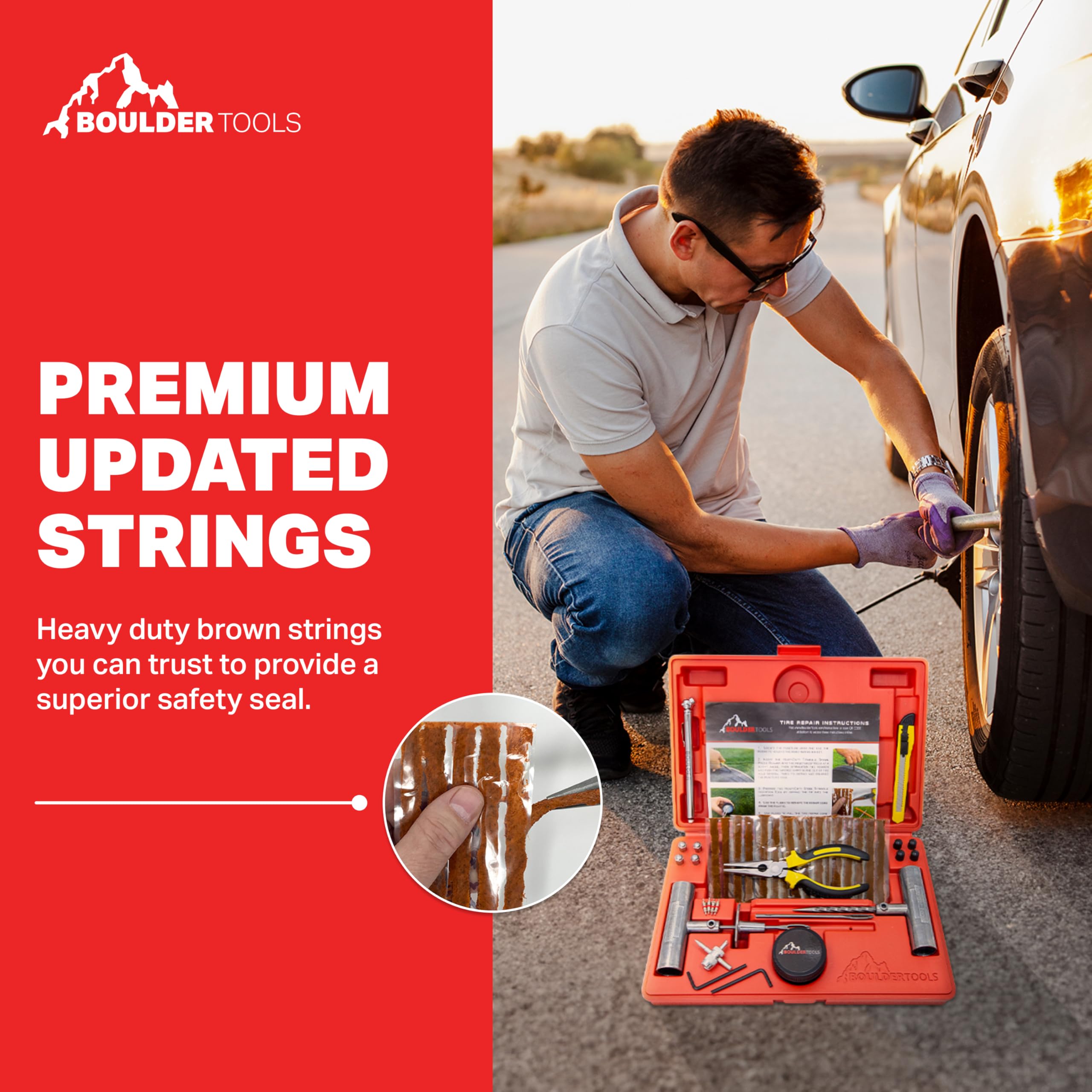 Boulder Tools Tire Repair Kit - Plugs, Valve Tool, Heavy Duty Case - for Cars, Trucks, Motorcycles - Emergency Roadside Fixes
