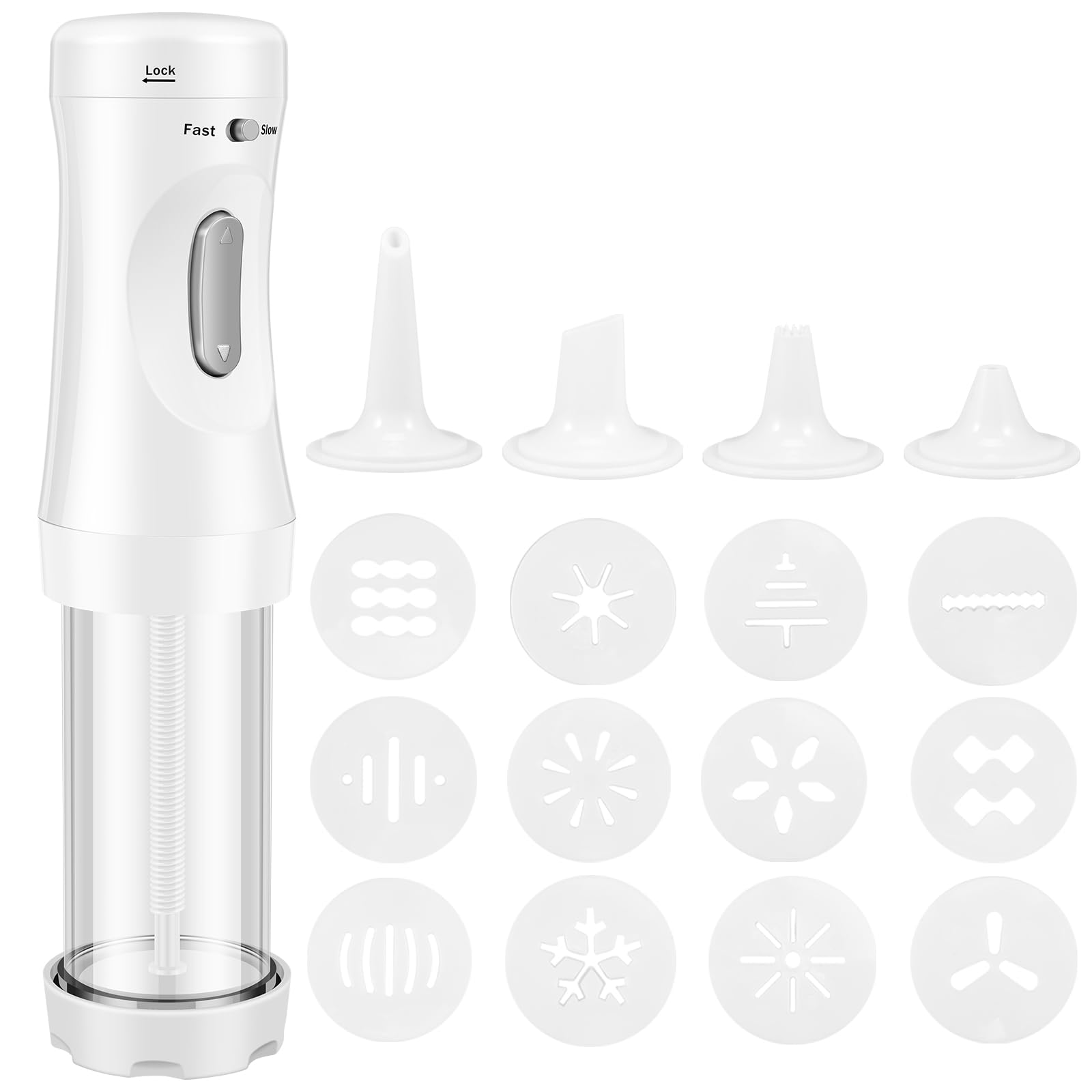 Electric Cookie Press Kit - 12 Cookie Discs & 4 Icing Nozzles for Baking, Decorating Homemade Cookies | Detachable White Transparent Design | Perfect for Holiday Baking, Birthday Parties & DIY Cookie Decorating