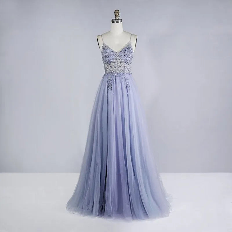 Sparkling Beaded Crystal Prom Dresses for Women - Elegant Long See-Through A-Line Gown with V-Neck & Spaghetti Straps | Perfect for Formal Evening, Homecoming, Wedding & Special Occasions