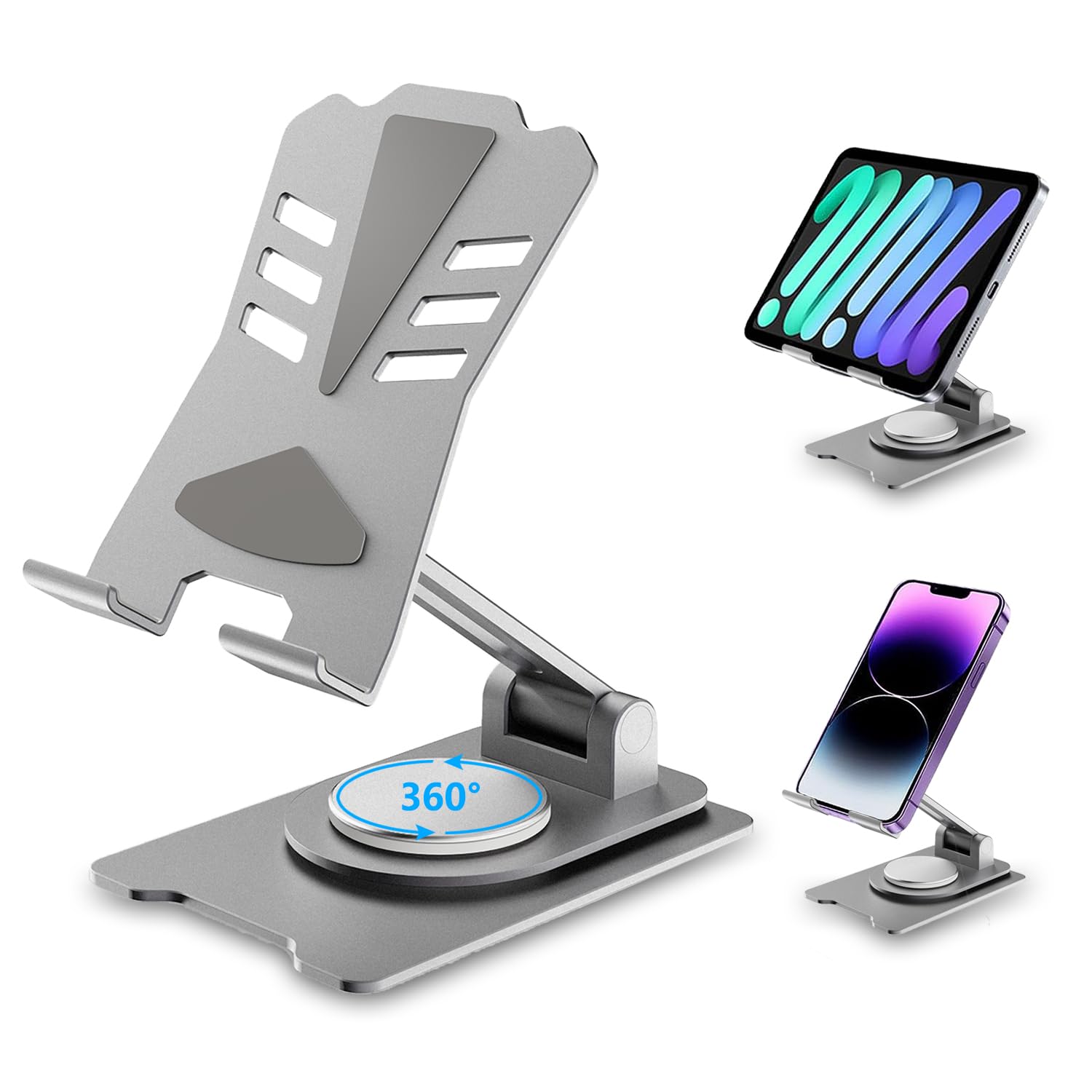 Adjustable 360° Rotating Aluminum Tablet Stand Holder - Foldable & Portable Phone Kickstand for iPhone Pro Max/Mini, iPad, Tablets 4-12.9