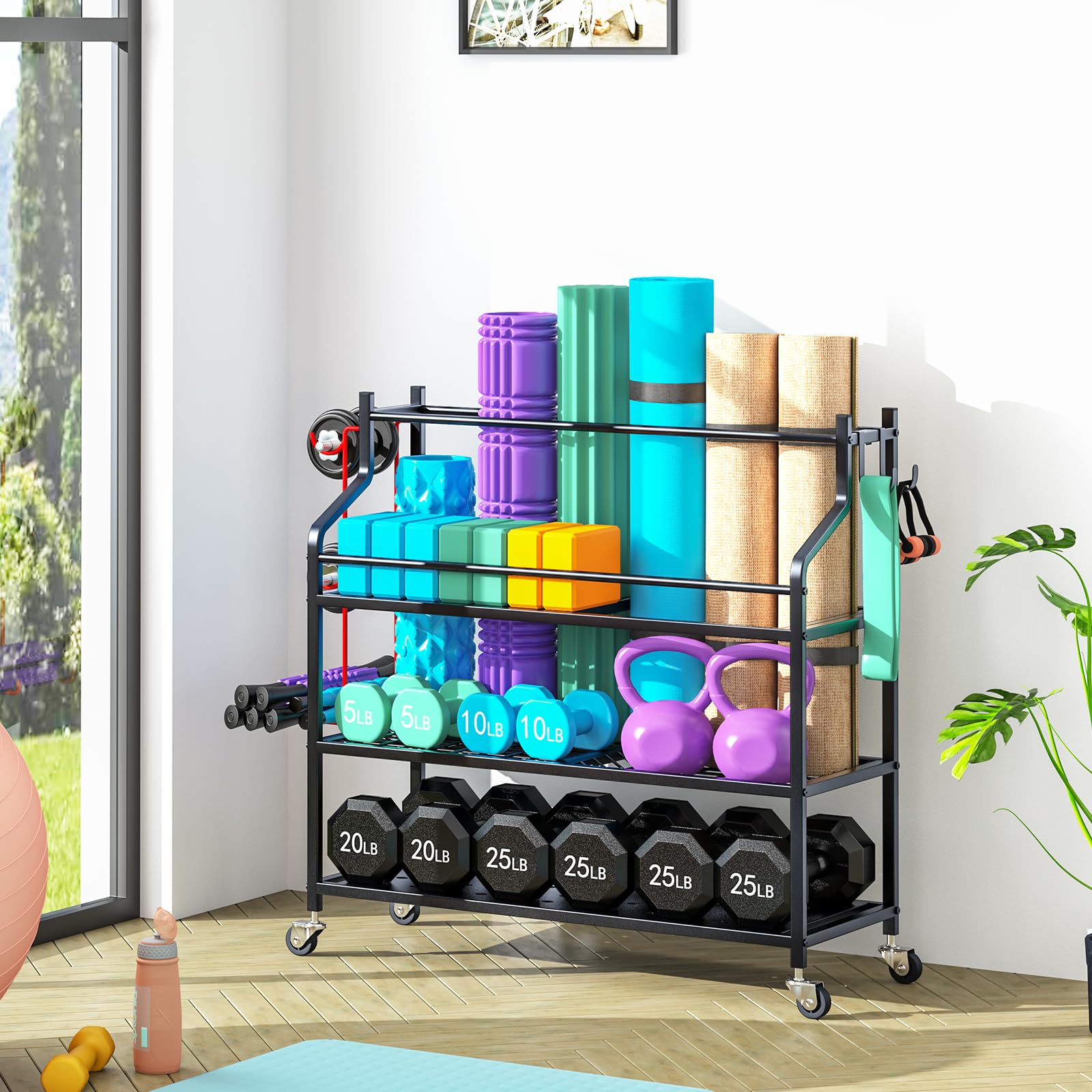 VILAWLENCE Yoga Mat Storage Rack Cart - Multifunctional Home Gym Organizer for Dumbbells, Kettlebells & Exercise Ropes - Large Capacity Removable Equipment Storage Solution for Home Workouts & Yoga Studios