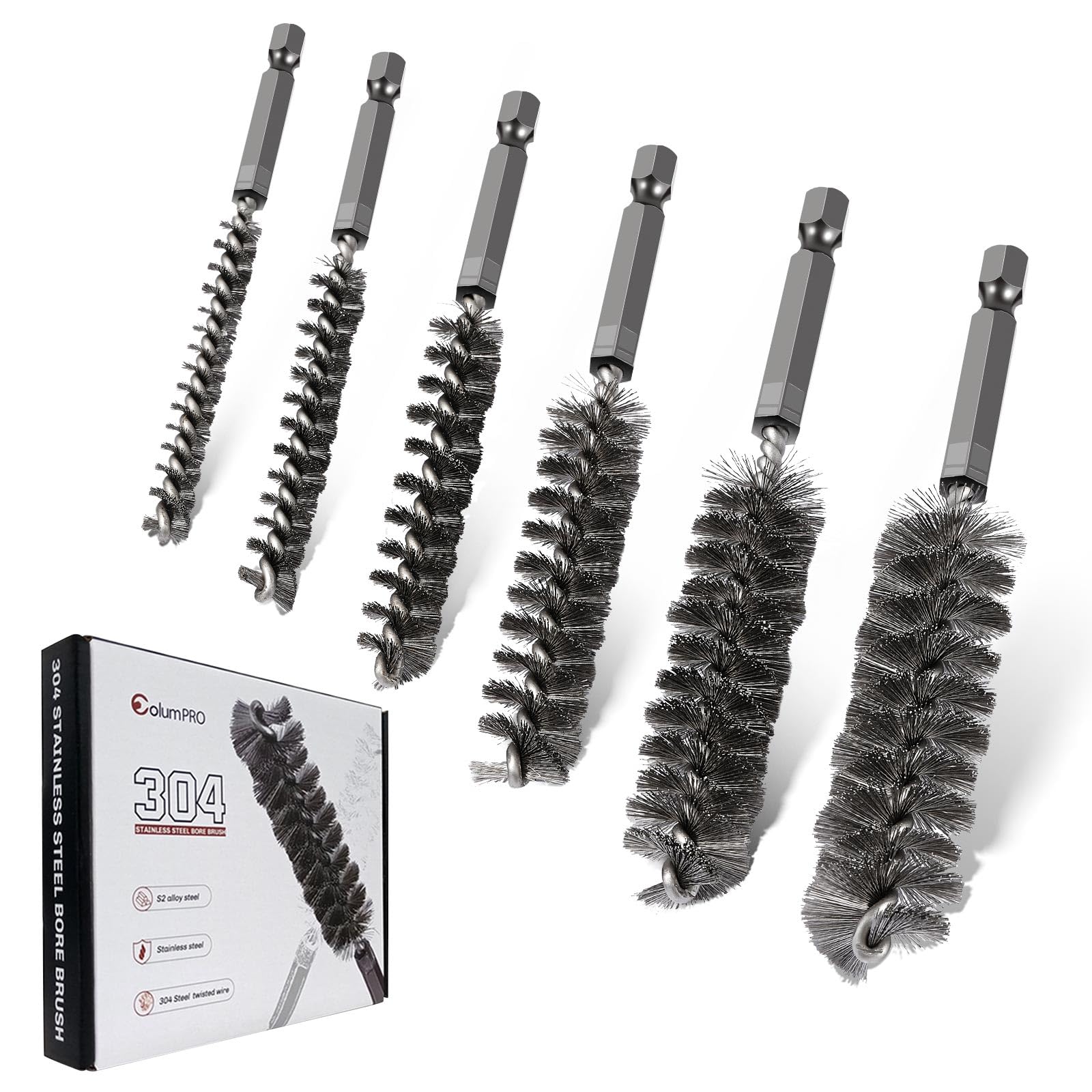 6PCS 304 Stainless Steel Bore Brush Set with Copper Pipe Cleaner & Twisted Wire Drill Brush - 1/4 Inch Hex Shank S2 Steel Handle - Power Drill Cleaning Tools for Plumbing, Automotive, and DIY Projects