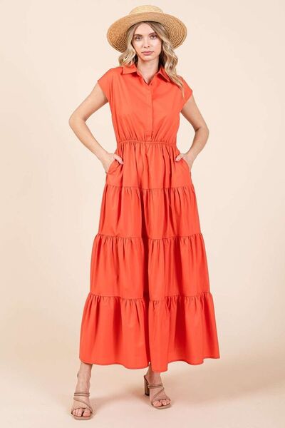 Orange Button-Up Collared Tiered Maxi Dress for Women - Resort Wear, Beach Cover-Up, Summer Vacation Outfit