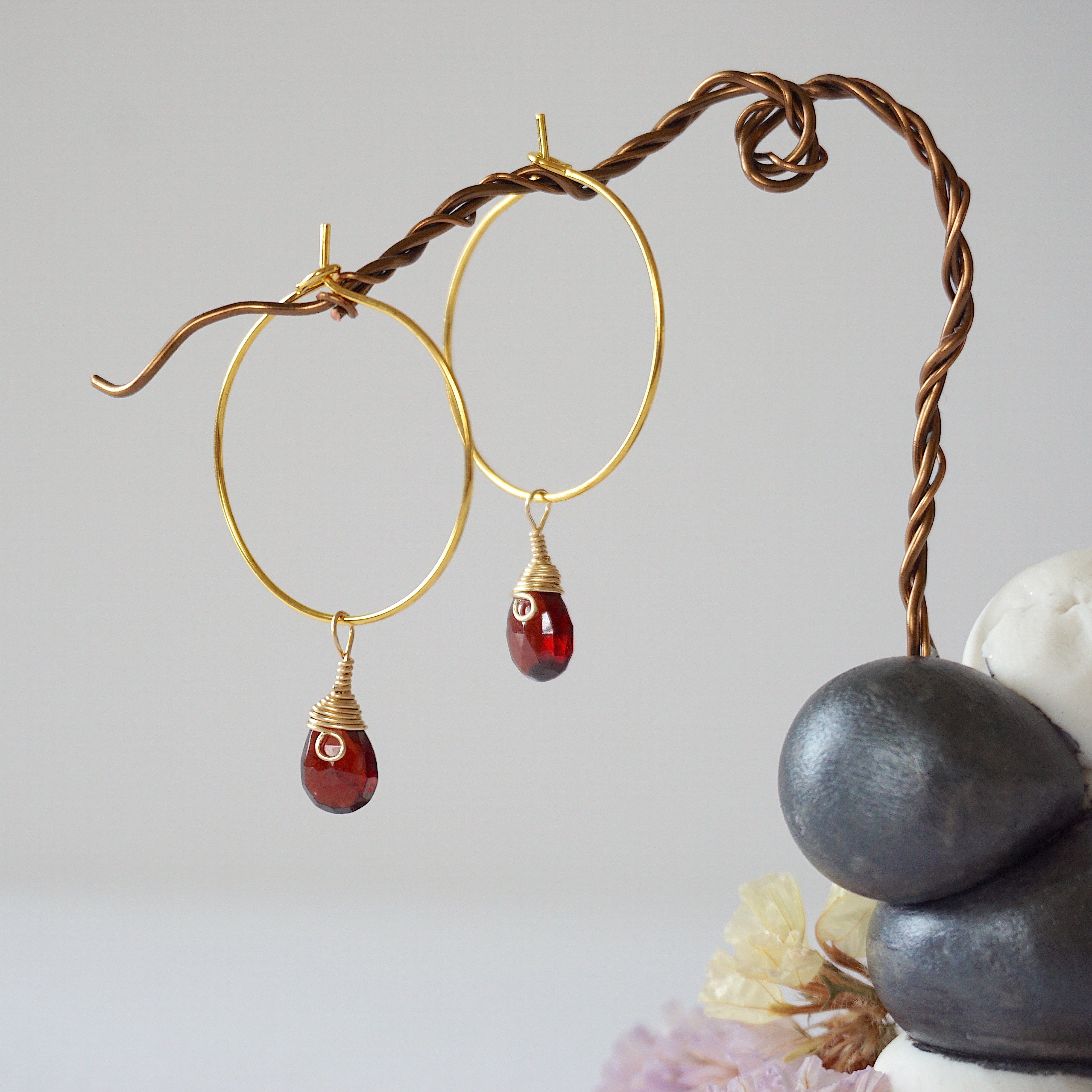 Garnet Charm Gold Plated Hoop Earrings for Women - Elegant Dangle Jewelry for Party, Wedding & Everyday Wear