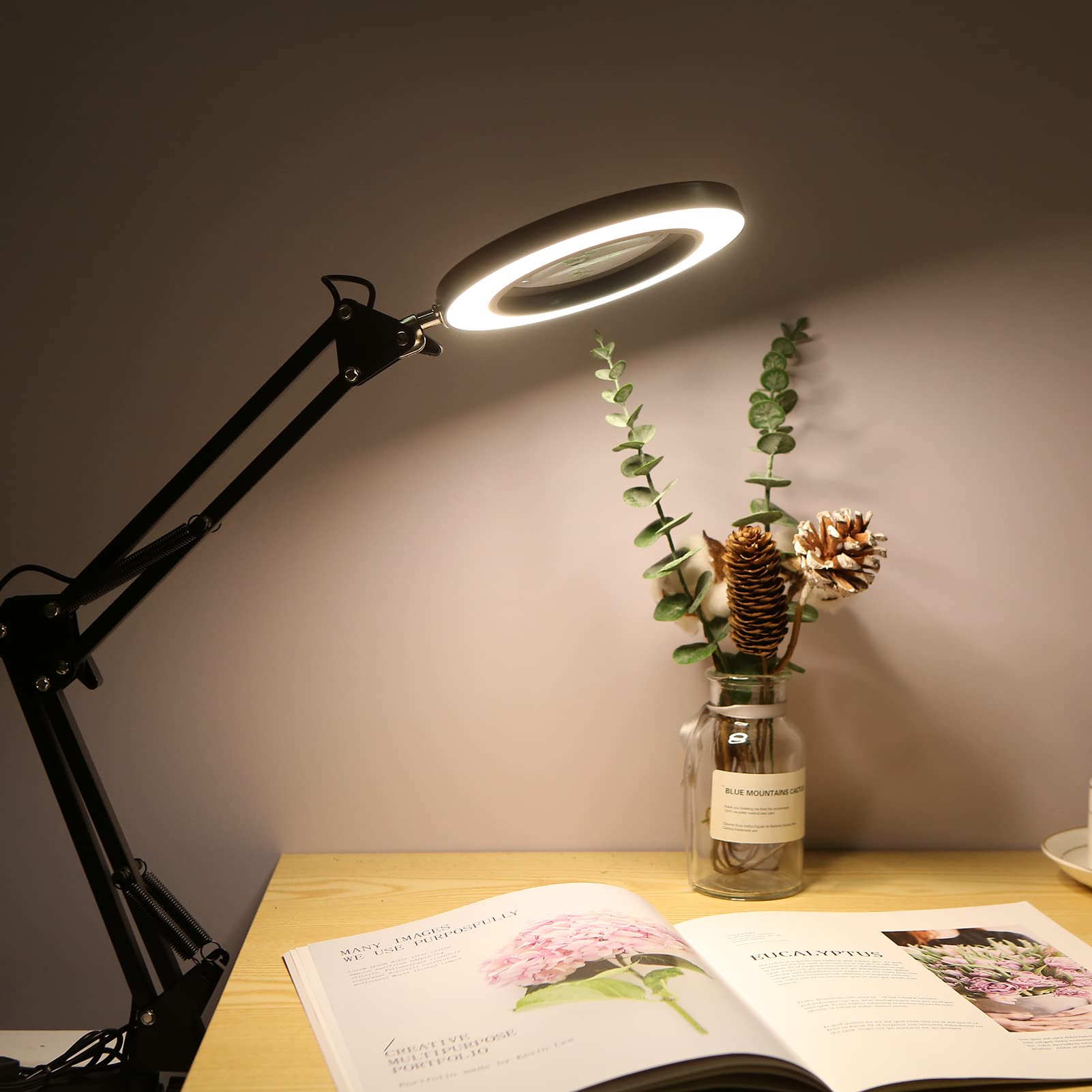 Flexible Clamp-on LED Desk Lamp with 8X Magnifier - Dimmable Swing Arm Light with 3 Color Modes & 10 Brightness Levels - Perfect for Reading, Working, Studying, and Crafting