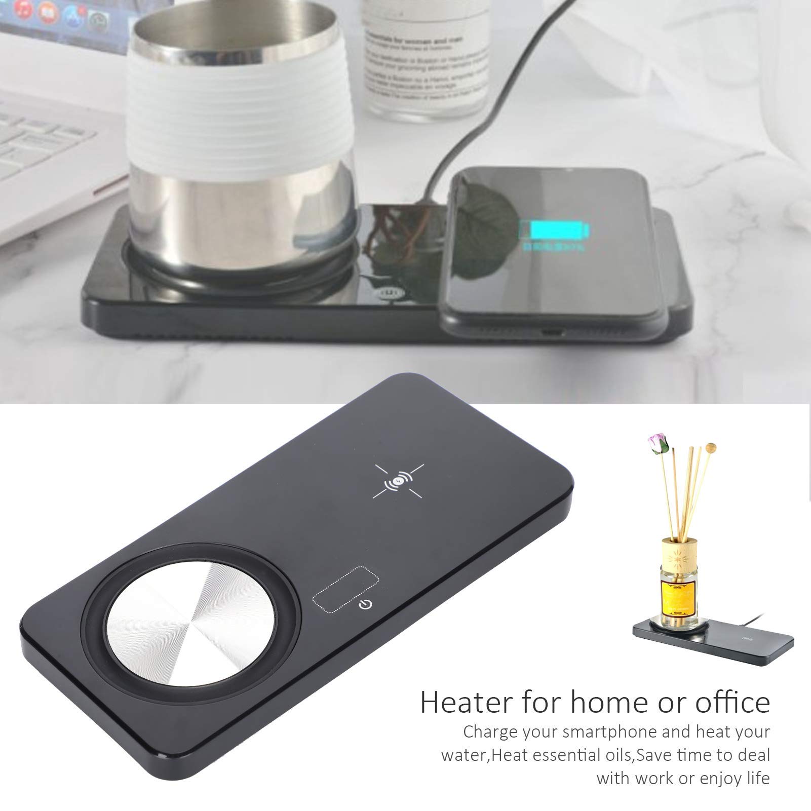 Smart Coffee Warmer & Wireless Phone Charger 2-in-1 Pad - Auto Shut Off, Constant 55°C Heating - Black - Perfect for Office, Home & Car Use