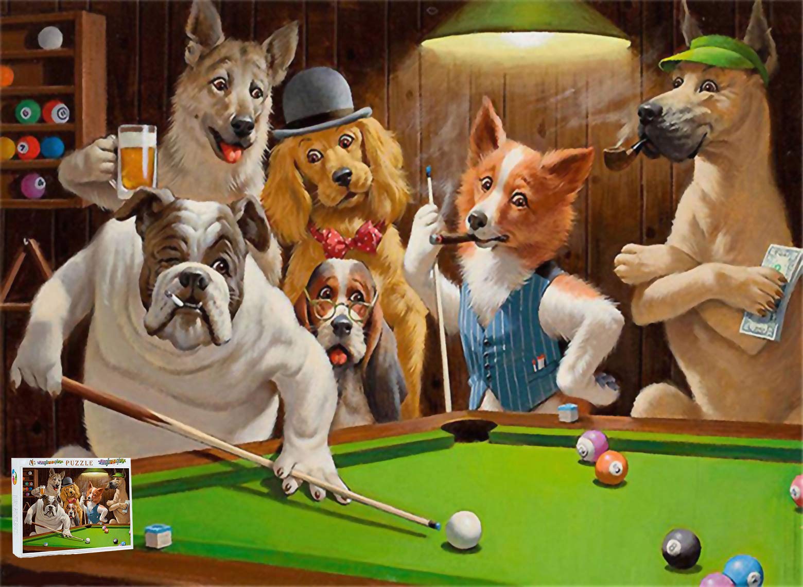 500 Pieces Wooden Jigsaw Puzzle - Dogs Playing Pool Billiards Snooker, Unique Design for Kids & Adults, Perfect for Family Game Nights & Educational Activities