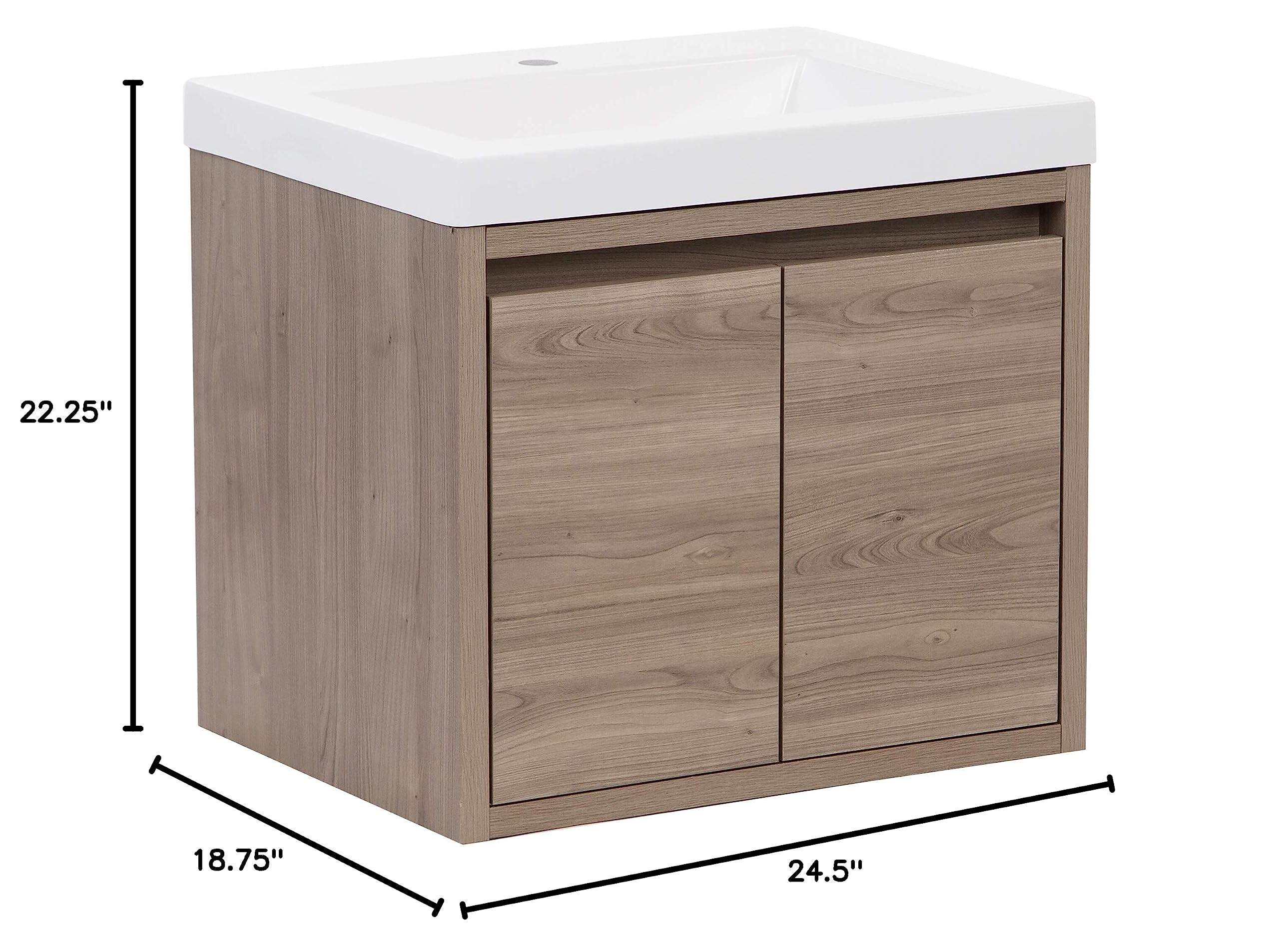 Kelby 24 Inch Modern Floating Bathroom Vanity - White Single Sink Top with 2-Door Cabinet, Forest Elm Finish (24.5