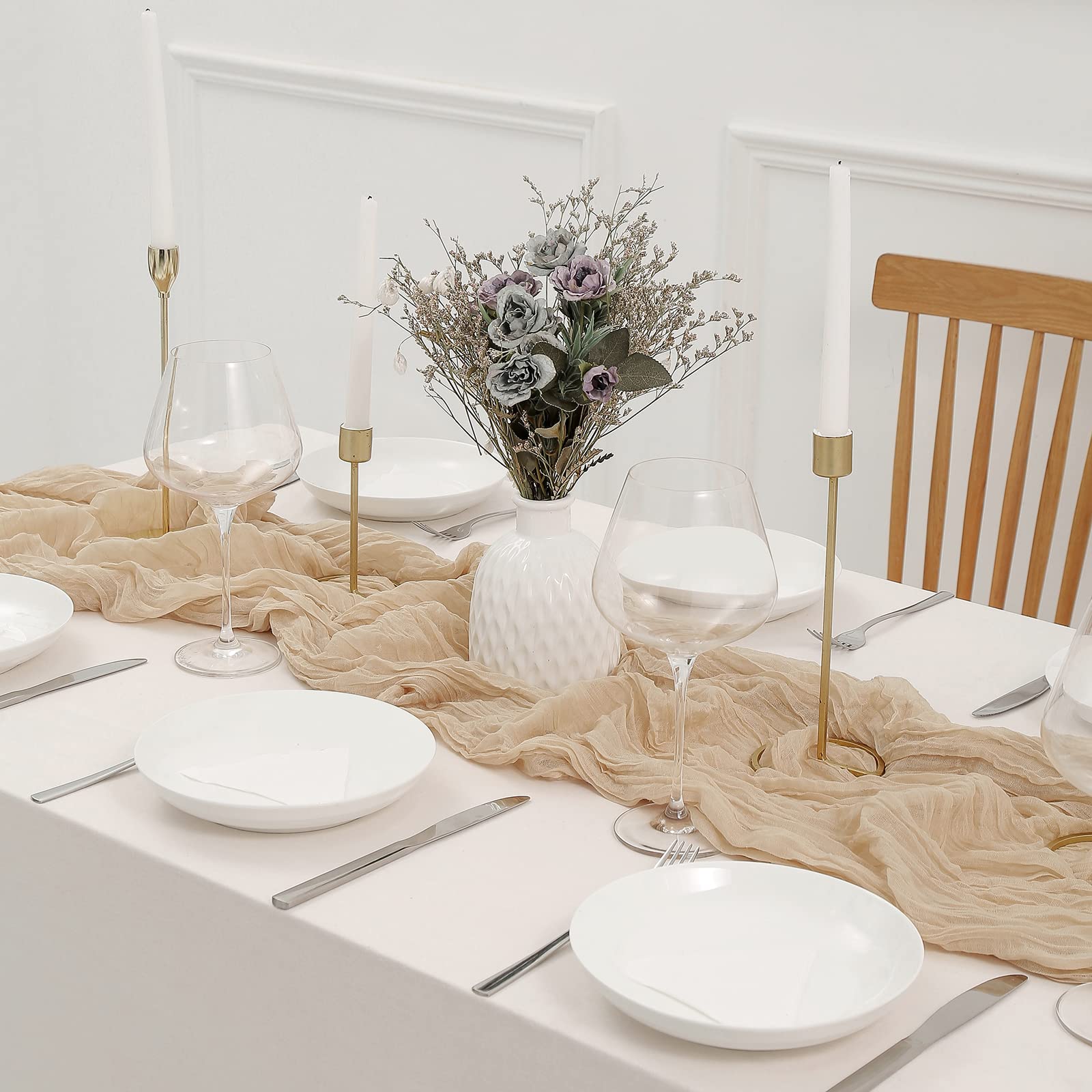 8PCS Beige Cheesecloth Table Runners - 13.3ft Boho Gauze Fabric, Rustic Sheer Table Decor for Wedding, Bridal Shower, Birthday Party, Cake Table, Home Dining & Outdoor Picnic Decorations