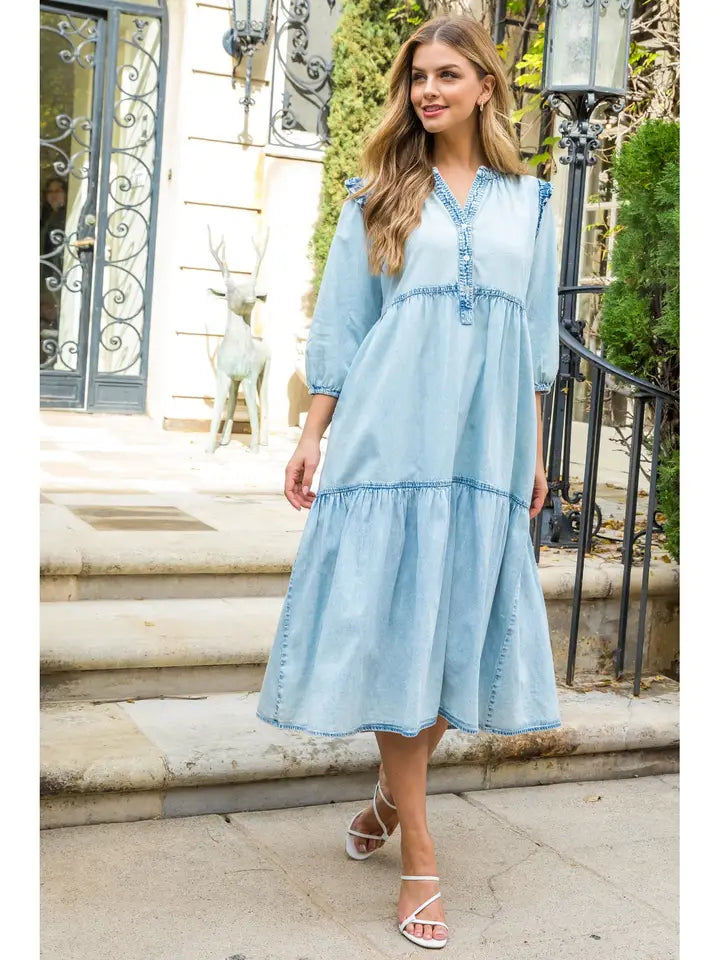 Stylish Denim Midi Dress for Women - Casual & Chic Summer Outfit - On Sale $54.40 - Perfect for Brunch Dates, Shopping Trips & Beach Vacations