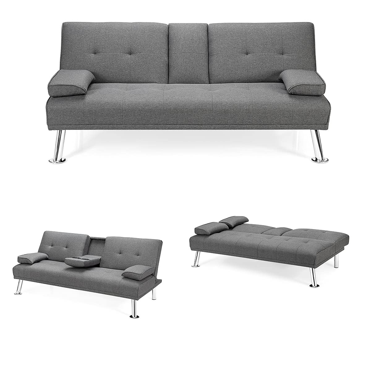 Moccha Folding Futon Sofa Bed - Full Size Convertible Couch with Metal Legs & Linen Upholstery | Space Saving Sleeper Sofa for Small Apartments, Dorms, Guest Rooms & Home Offices (Grey)