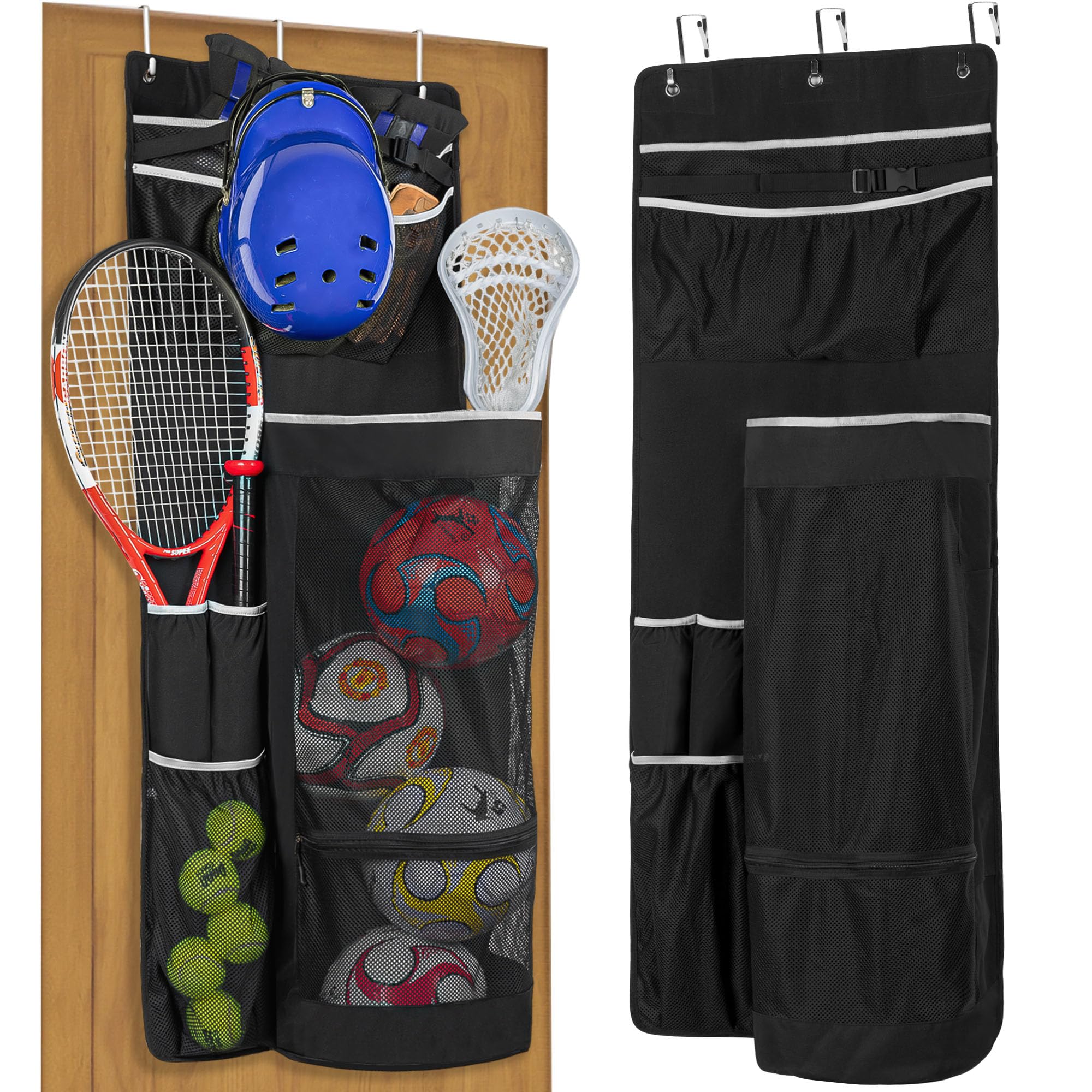 Over The Door Sports Equipment Organizer with Metal Hook - Basketball, Football, Volleyball & Tennis Ball Storage - Garage & Bedroom Organization Solution - Black
