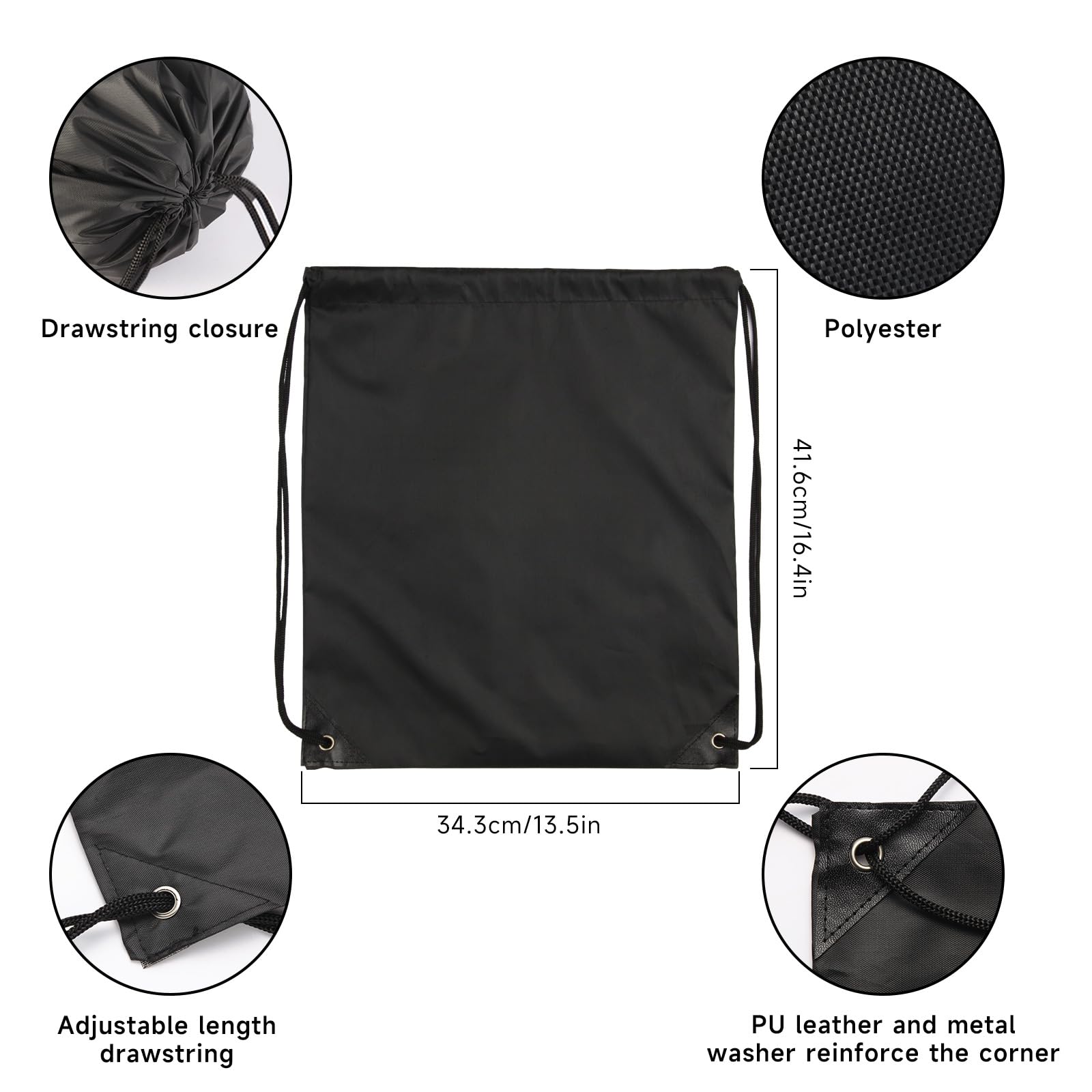 6 Pack Black Drawstring Backpacks - Lightweight Polyester Cinch Sack Bags for Sports, Gym, Travel & Parties - Bulk Storage Knapsacks for School, Beach & Outdoor Activities