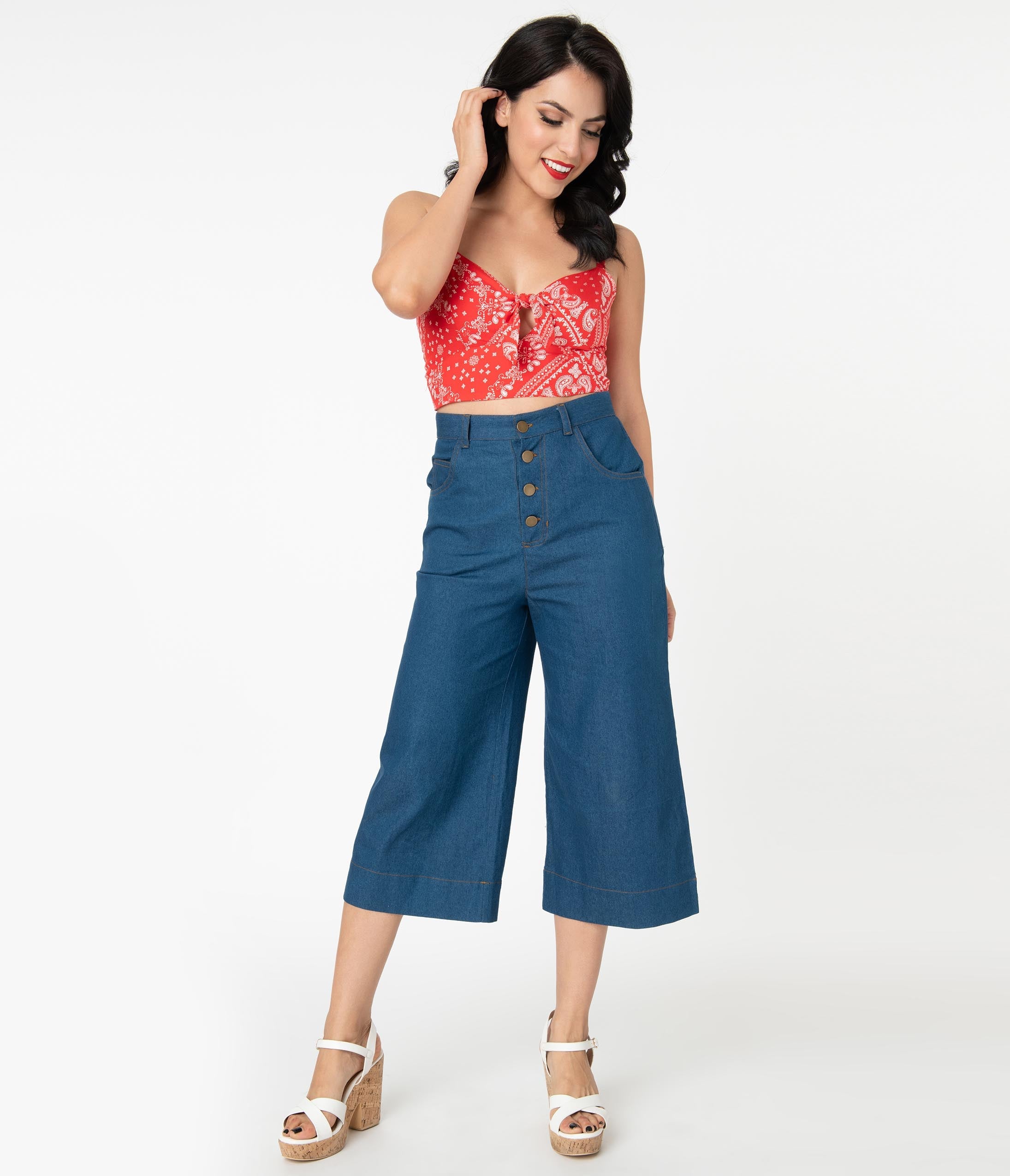 Vintage Denim Blue Chisholm Culottes - High Waisted Wide Leg Pants for Women | Perfect for Casual Outfits, Boho Style & Retro Fashion