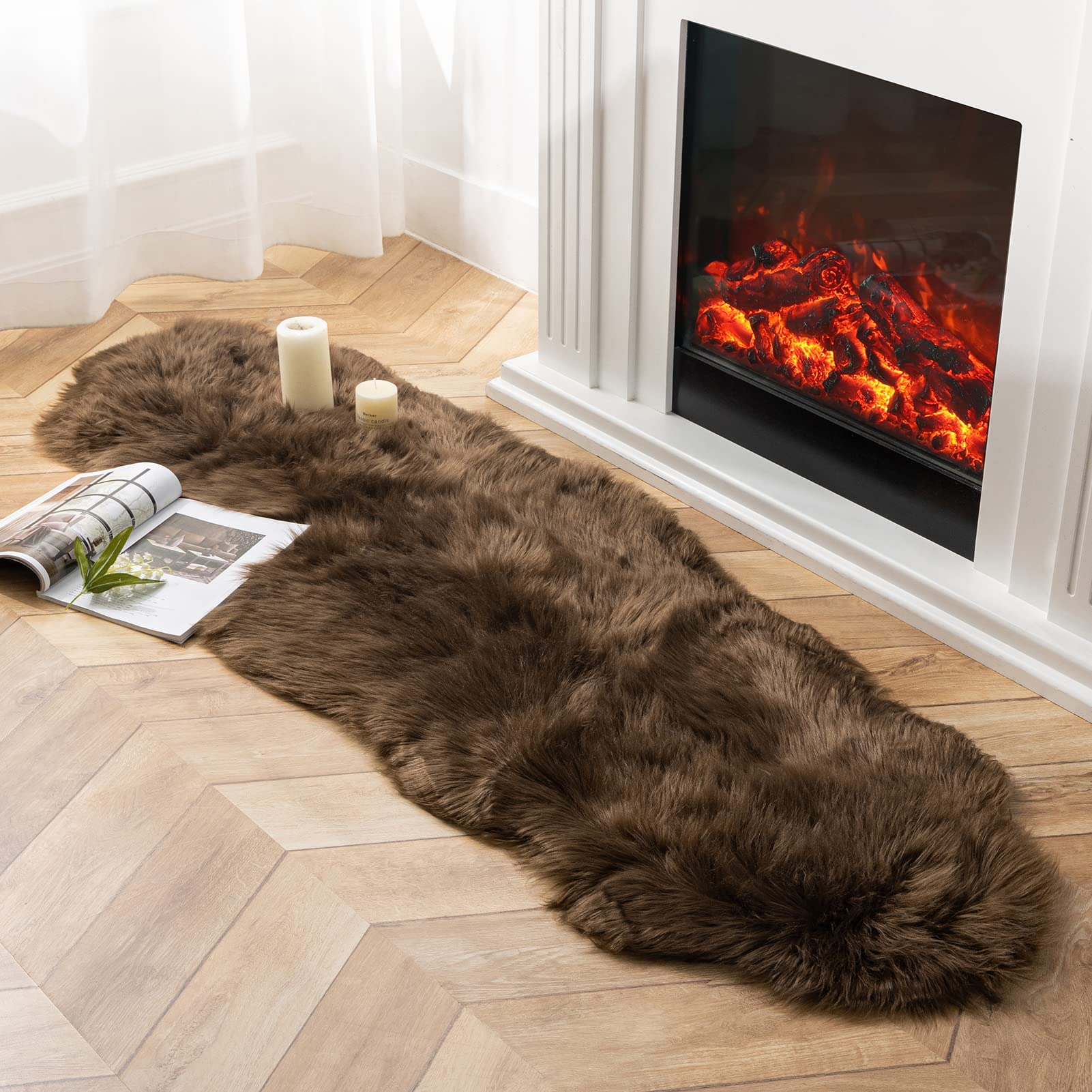 Premium Fluffy Faux Fur Rug - Ultra Soft 2x6 Feet Shaggy Area Rug | Machine Washable Dark Coffee Sheepskin Rug for Cozy Bedroom, Nursery, Kids Room & Living Room Decor | Perfect for Winter Warmth, Home Theater Seating & Pet-Friendly Flooring