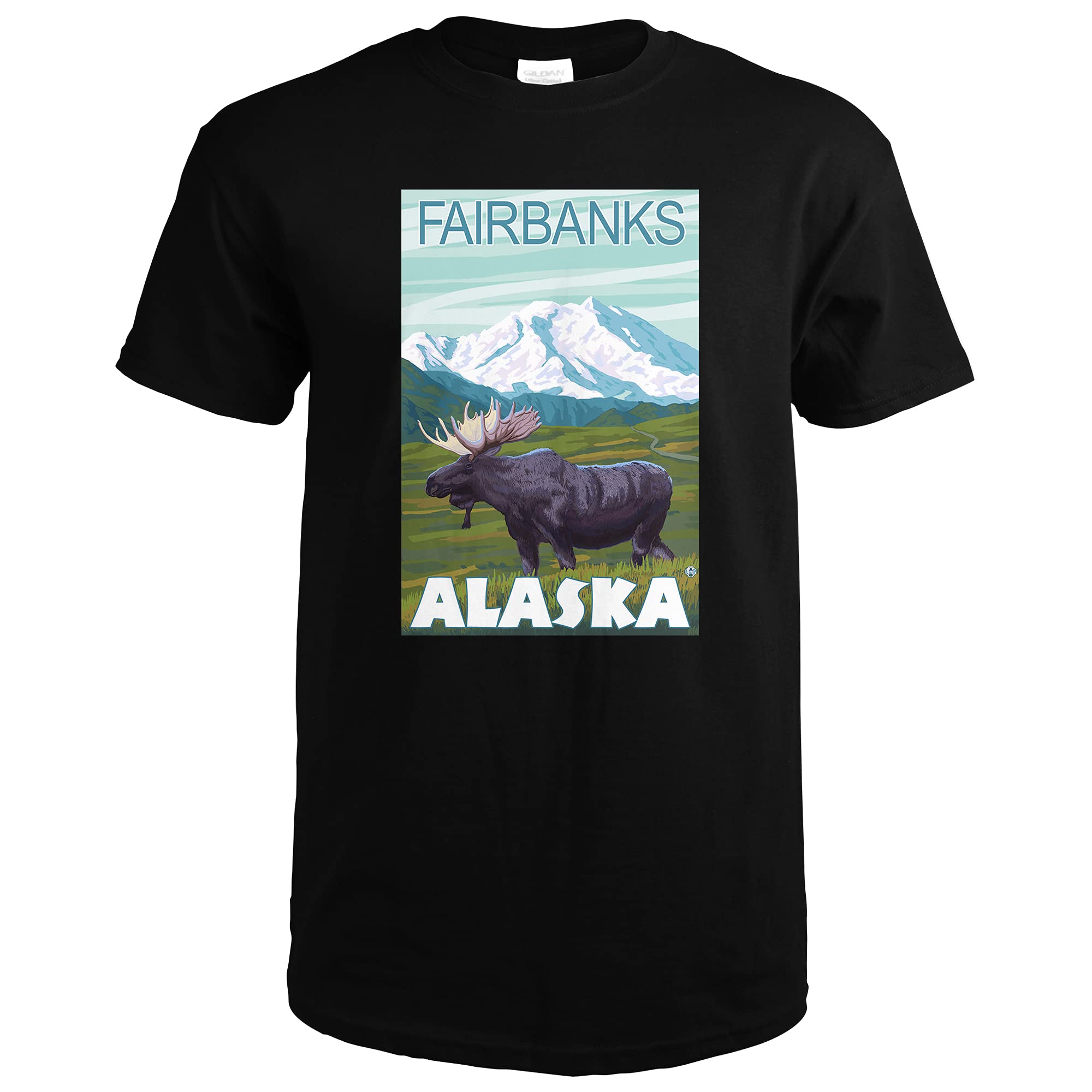 Lantern Press Moose Scene Fairbanks Alaska T-Shirt - Black Small Size | Wildlife Nature Graphic Tee for Outdoor Enthusiasts & Alaska Lovers