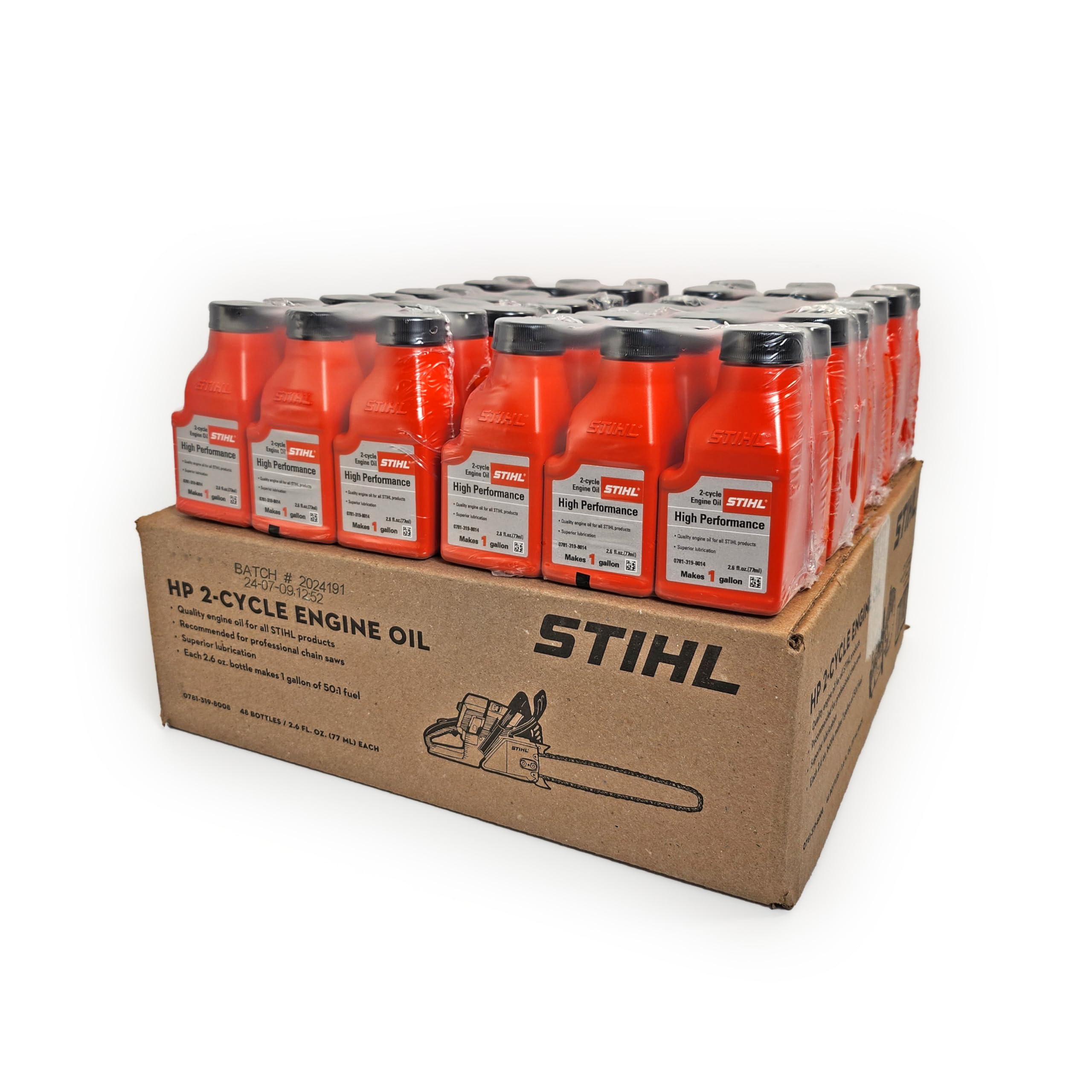 Premium HP 2-Cycle Engine Oil - 2.6oz Mix Bottle (Pack of 48) | Compatible with Stihl, Husqvarna, Echo Chainsaws & Outdoor Power Tools | High Performance Lubrication for Optimal Engine Protection | Ideal for Lawn Mowers, Trimmers, Blowers & More