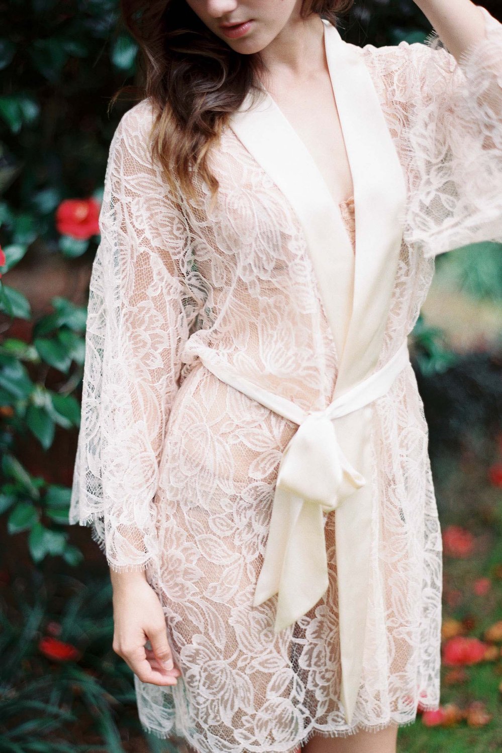 Blush Pink Tulip French Lace & Silk Kimono Robe - Elegant Loungewear for Bridal Shower, Honeymoon & Spa Days