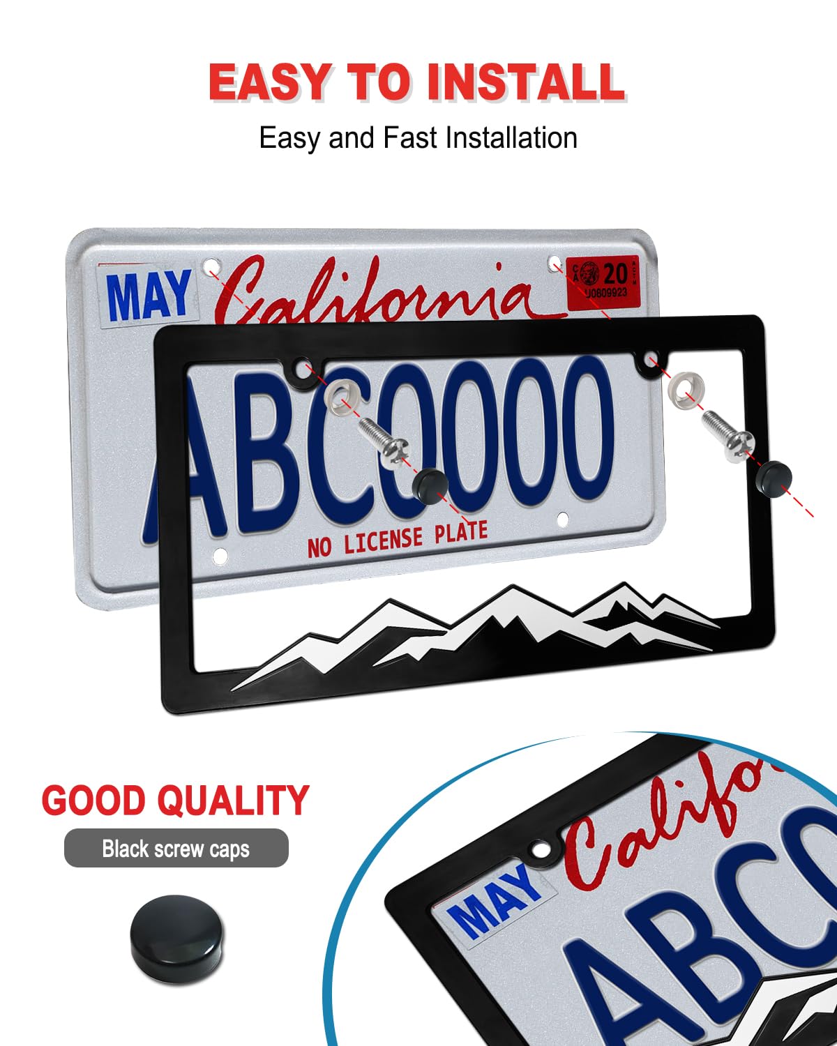 Mountain License Plate Frames - 2 Pack Black Plastic Car Tag Holder Bracket with Screw Caps & Vinyl Sticker (2 Hole, White on Black) - Perfect for Off-Road Vehicles, Trucks & SUV Customization