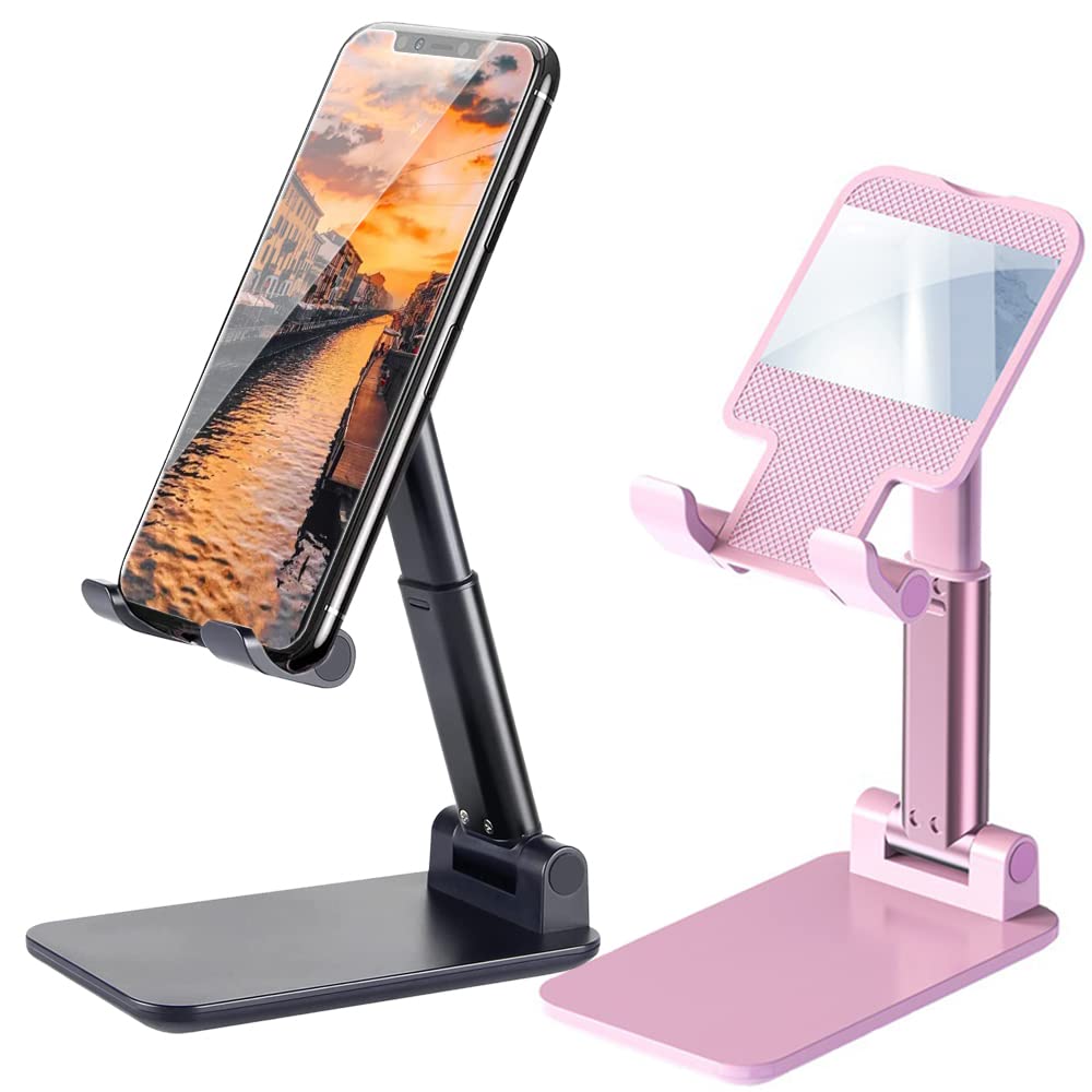 2 Pack Adjustable Phone Stand for Desk - Foldable & Portable Cell Phone Holder for iPhone 14/13/12 & Smartphones - Perfect for Office, Home, Watching Videos & Video Calls