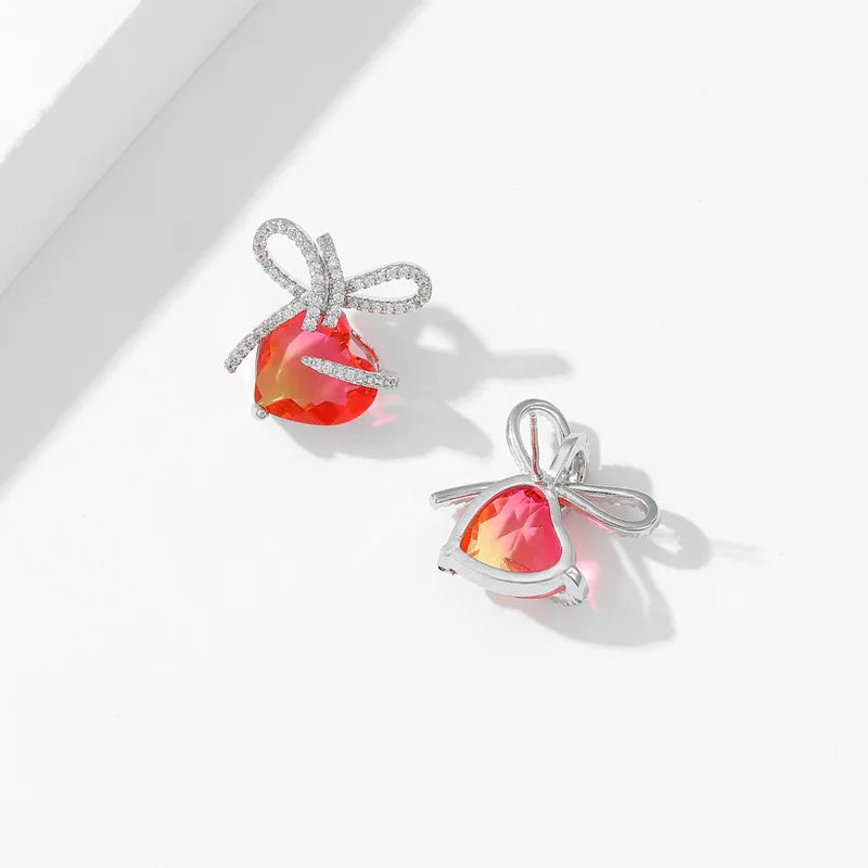 Sweet French Stud Earrings with Bow Knot Ribbon - Gradient Zircon Heart Shaped Earrings for Women - Elegant Jewelry Accessories for Date Night, Wedding & Special Occasions - LYX275