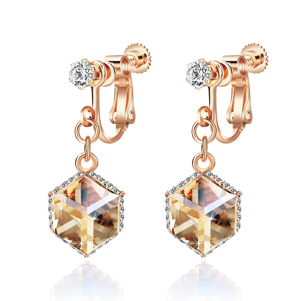 Austrian Crystal Drop Clip-On Earrings for Women - 14K Rose Gold Plated Hypoallergenic Non-Pierced Dangle Earrings | Elegant Party, Wedding & Evening Wear Jewelry