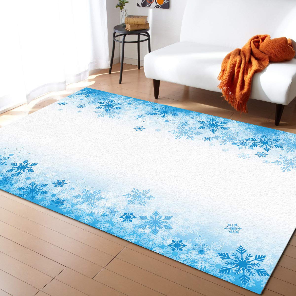 Snowflake Frost Flowers Area Rug 5'x8' - Washable Indoor Outdoor Carpet for Kitchen, Living Room, Bathroom, Bedroom, Classroom & Laundry Room | Non-Slip Winter Theme Floor Mat for Entryway, Desk & Welcome Decor
