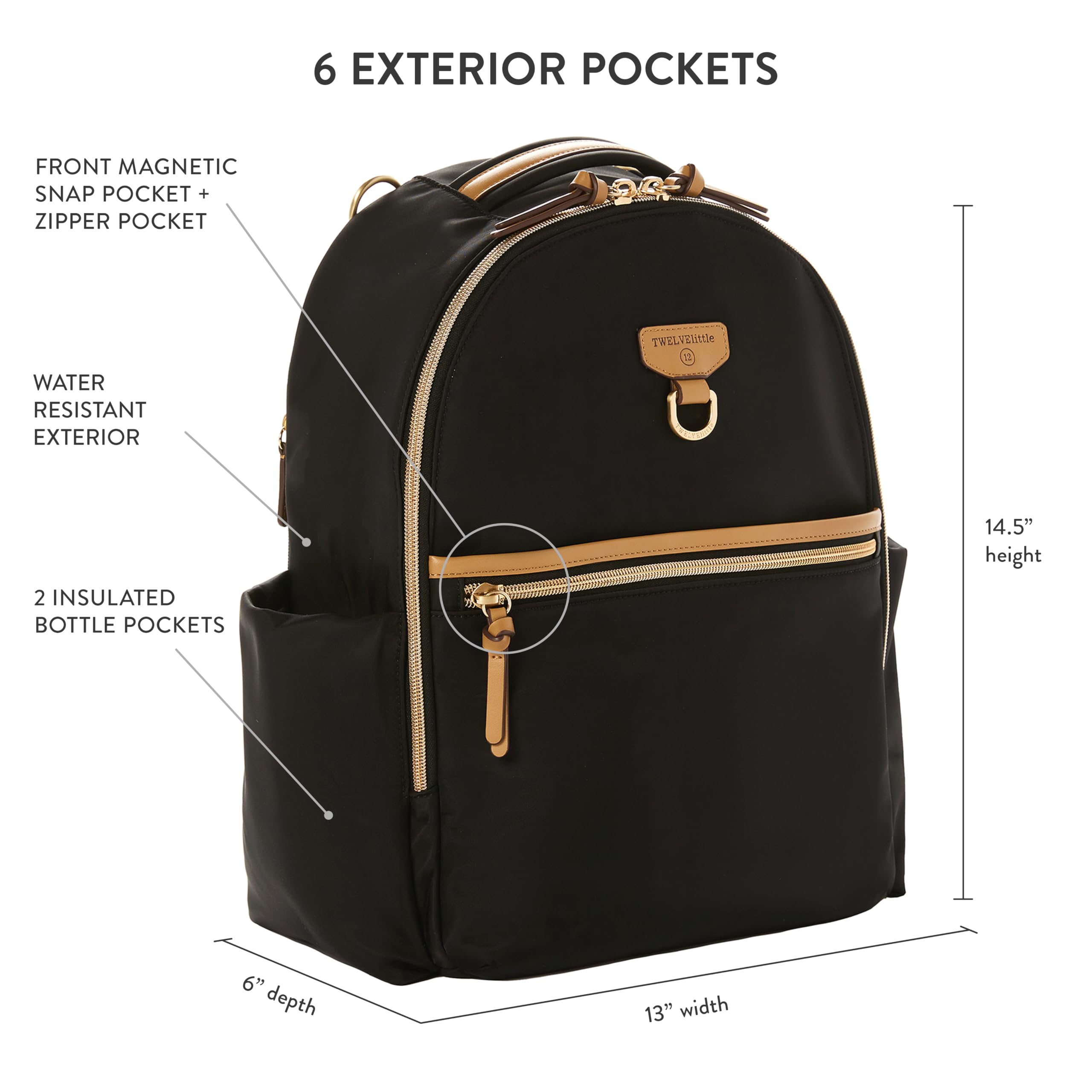 **TWELVElittle Midi Go Diaper Backpack for Moms & Dads – Waterproof Baby Bag with 13 Pockets & Changing Pad – Black/Tan – Perfect for Travel, Daycare & On-the-Go Parenting**