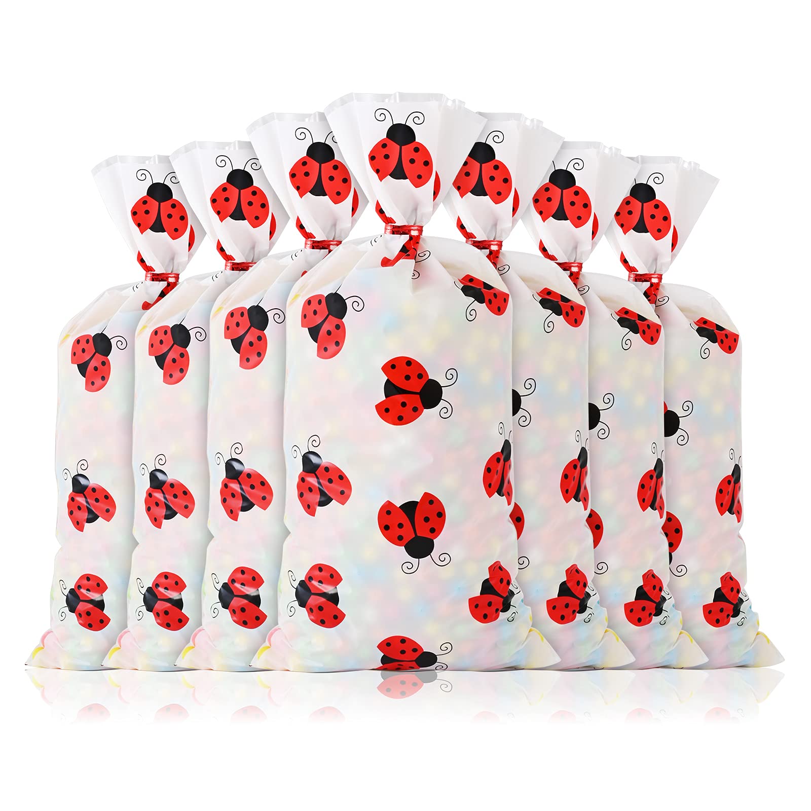100 Pcs Ladybug Treat Bags - Red Cellophane Candy Bags with Twist Ties for Birthday Party Favors, Baby Shower, Garden Theme Decorations & Kids Party Supplies - Perfect for Ladybug-Themed Celebrations and Classroom Treats