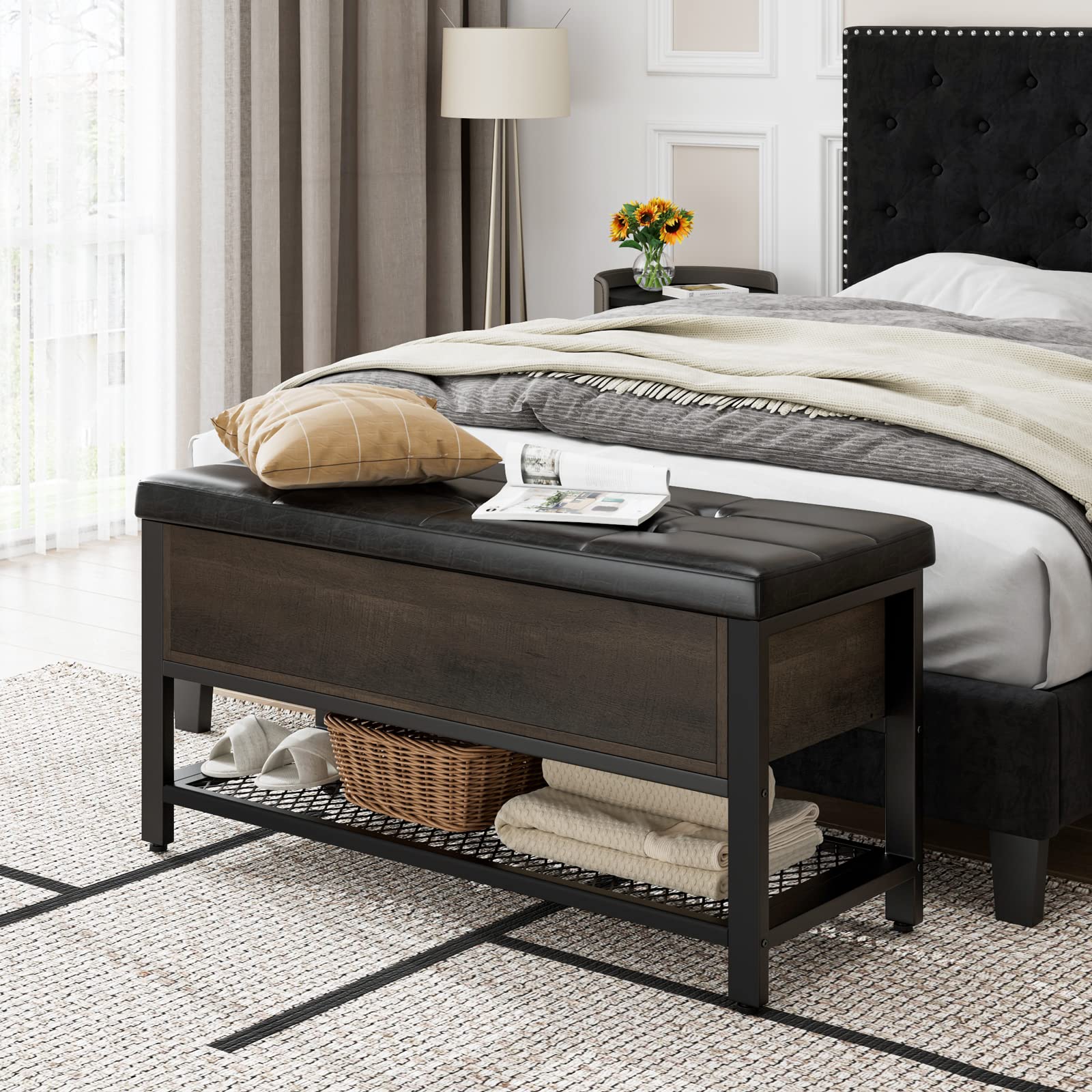 HOSTACK Storage Bench with Flip-Open Lid - Dark Brown Entryway Shoe Bench, Bedroom Ottoman with Storage Shelf & Padded Seat - Perfect for Hallway, Living Room & End of Bed Organization