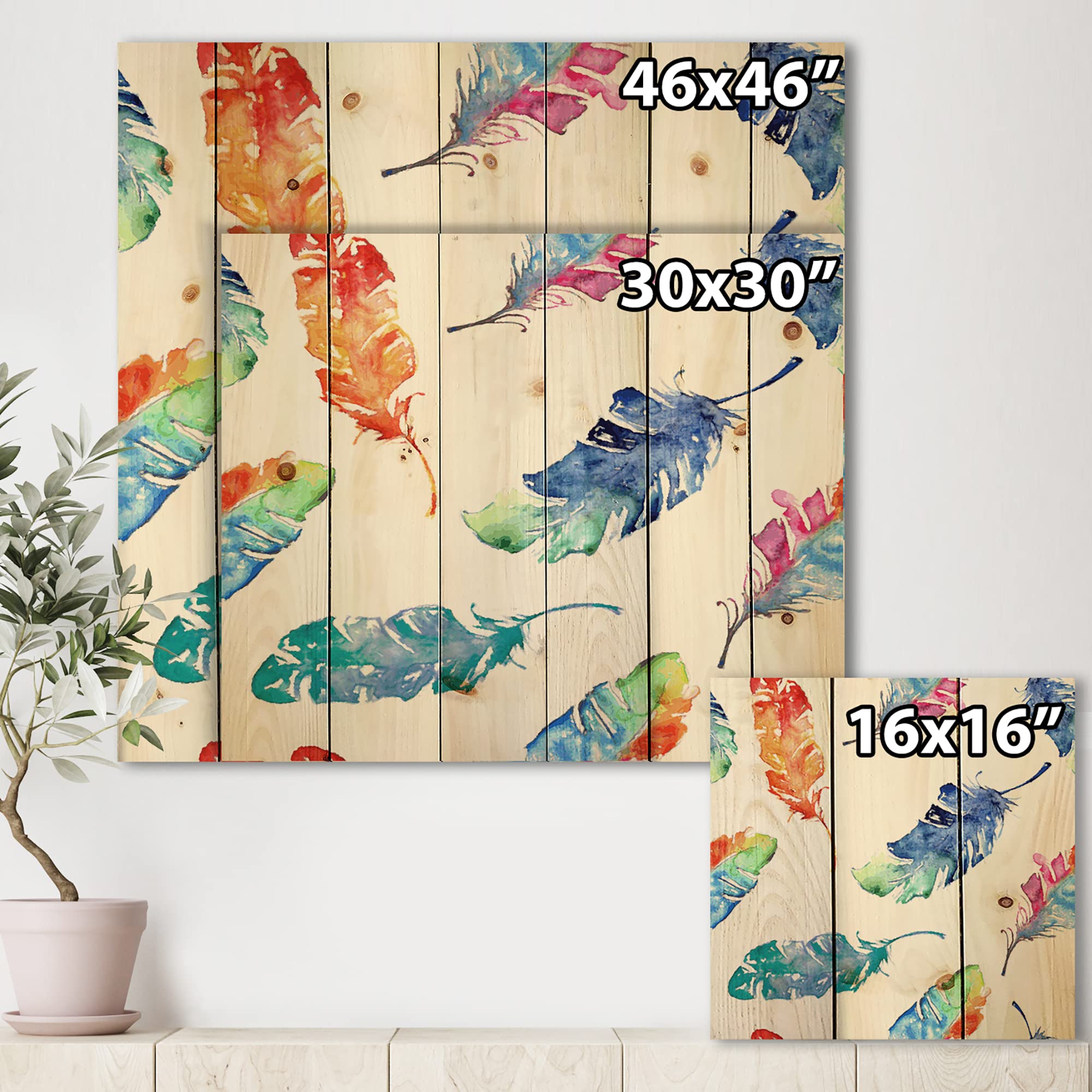 Bohemian Blue Feather Wood Wall Art - Handcrafted Ethnic Decor with Printed Photography on Natural Pine Wood Panels - Perfect for Living Room, Bedroom & Boho Home Decor