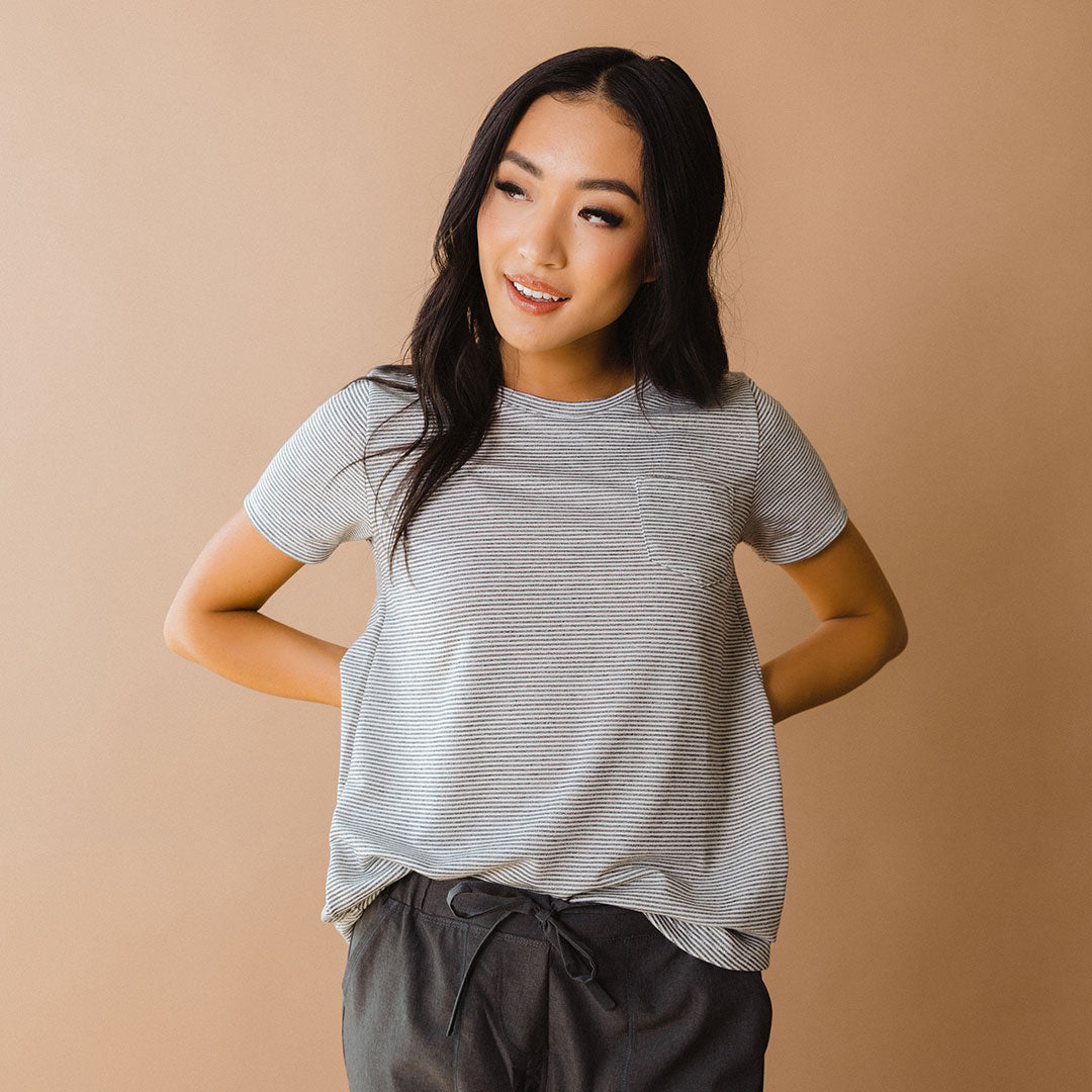 Premium Basic Tee for Men & Women - Soft Grey Micro Stripe Cotton T-Shirt - Casual Everyday Wear, Layering Essential, Office & Weekend Outfits