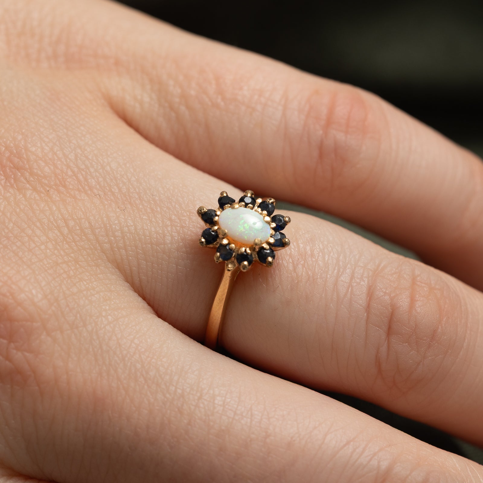 Opal & Sapphire Halo Ring - 0.45 Carat Total Weight (CTW) - Size 4.75 - Elegant Engagement, Wedding, or Anniversary Jewelry Gift for Women
