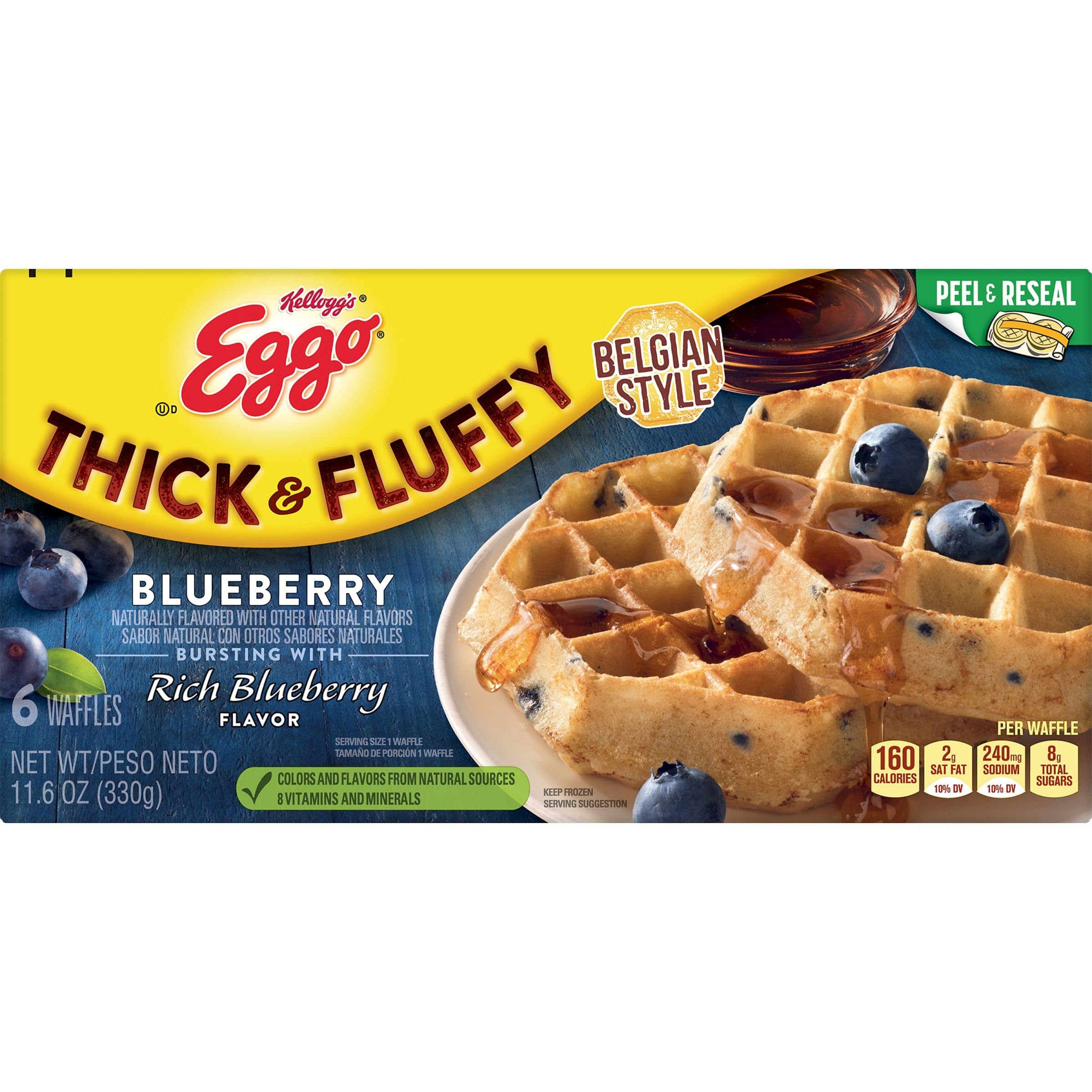 Eggo Thick & Fluffy Belgian Style Blueberry Frozen Waffles - 11.6oz Resealable Box (6 Count) - Perfect for Breakfast, Brunch or Quick Snacks