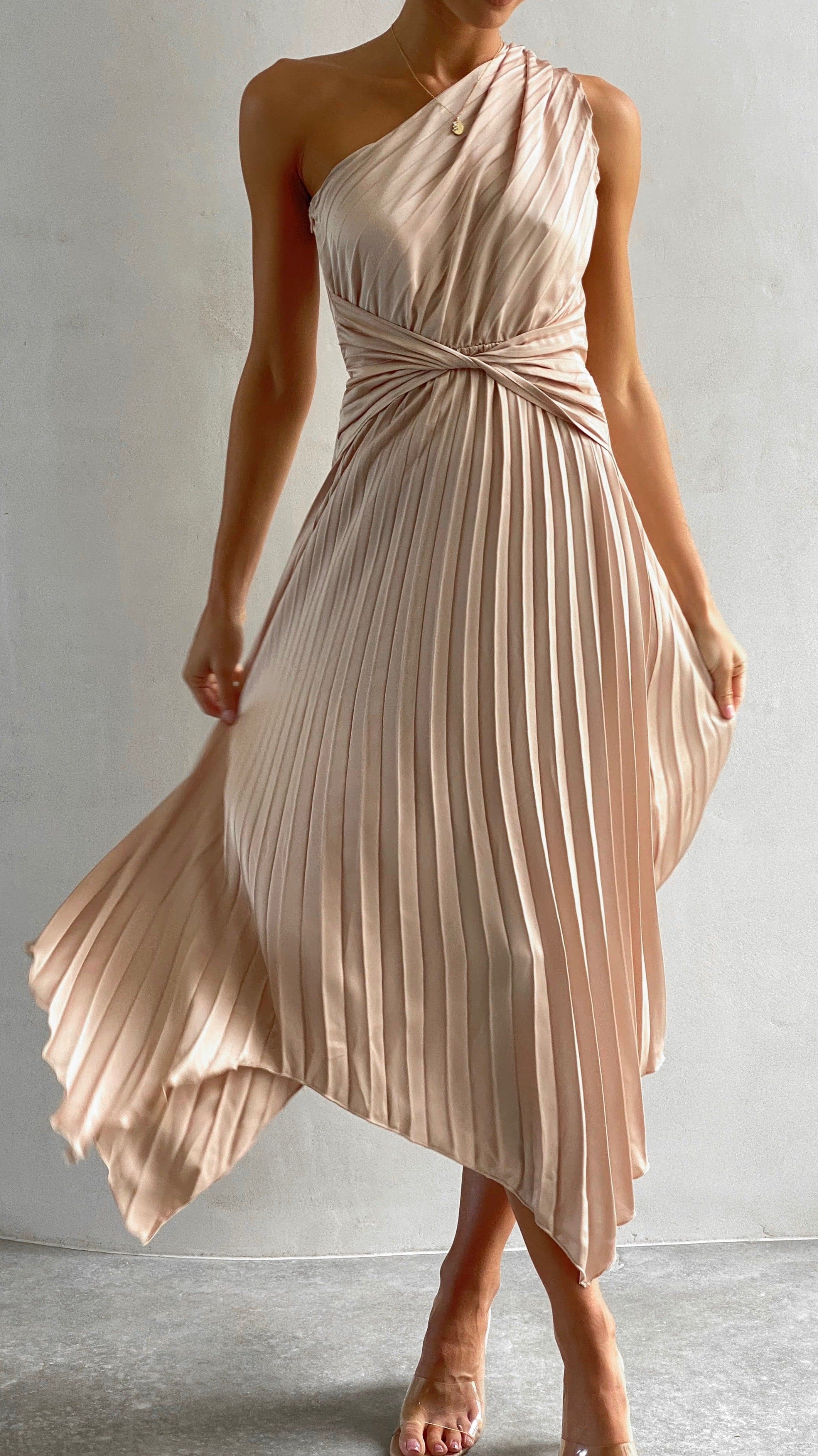 Elegant One Shoulder Midi Dress in Champagne - Perfect for Cocktail Parties, Weddings & Evening Events