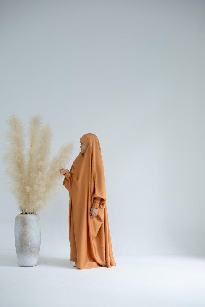 Little Gretaah Khimar Style Prayer Gown for Kids - Orange Islamic Dress with Ribbed Sleeve Cuffs - Perfect for Eid, Mosque & Religious Ceremonies