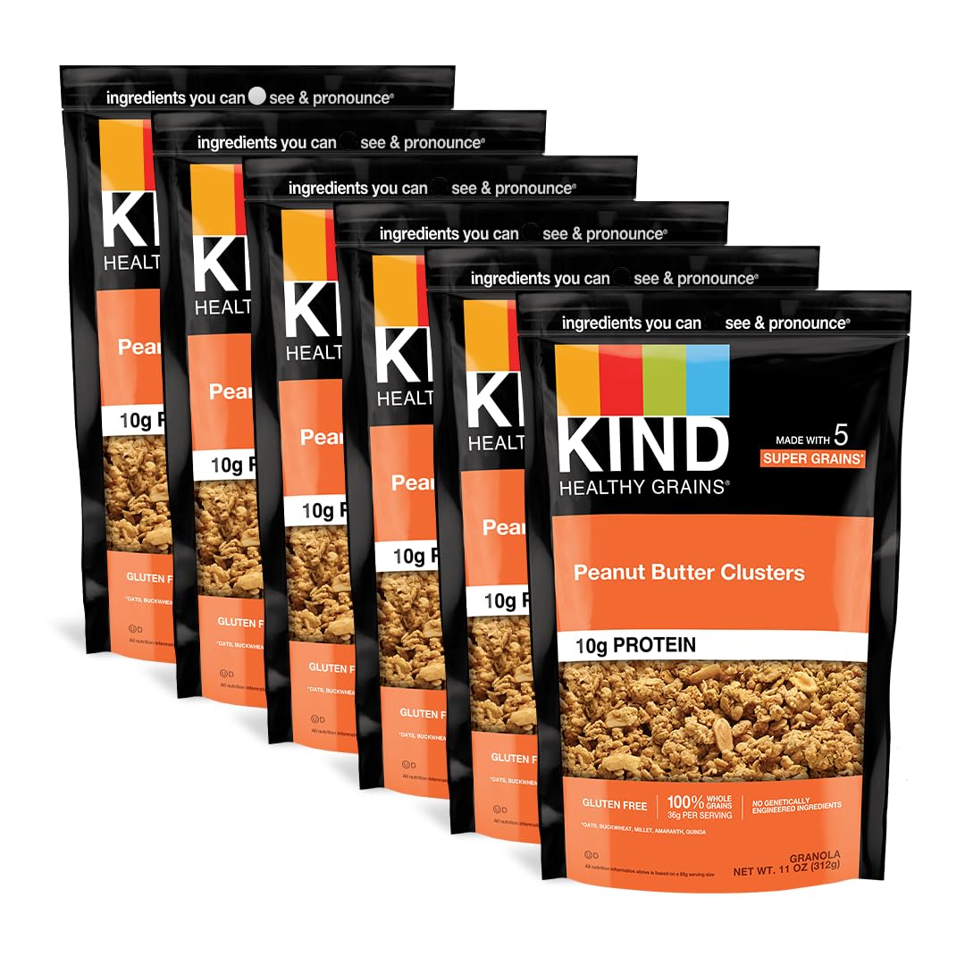 KIND Healthy Grains Clusters - Peanut Butter Whole Grain Snacks | Gluten Free, Low Sugar, 17 Oz (6 Count) | Perfect for On-the-Go Breakfast & Healthy Snacking