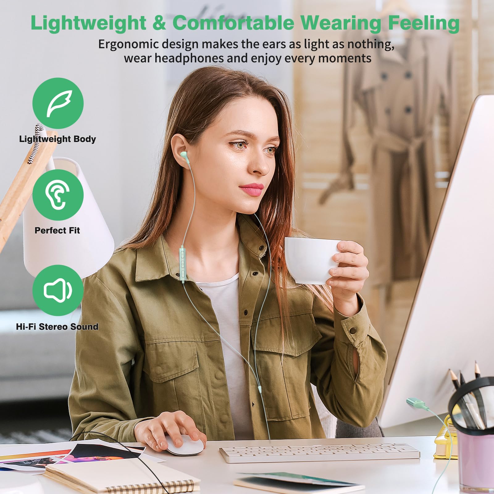 USB Computer Headset with Microphone - 7.5FT Cord Magnetic in-Ear Earbuds, Audio Control & Mute Function for PC Laptop Desktop - Perfect for Office Work, Live Streaming, Gaming & Online Meetings
