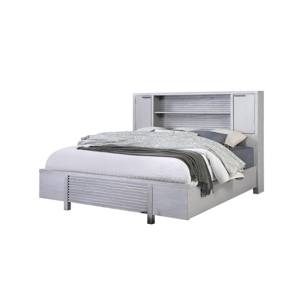 Acme Aromas Queen Size Bed Frame with Built-in Bookcase & Storage - White Oak Finish | Perfect for Small Bedrooms & Studio Apartments