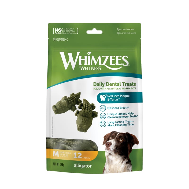 Whimzees Alligator Natural Grain-Free Dog Dental Chews - 360g (3 Sizes) for Small, Medium & Large Dogs - Promotes Oral Health & Fresh Breath - Perfect for Training Rewards & Daily Treats