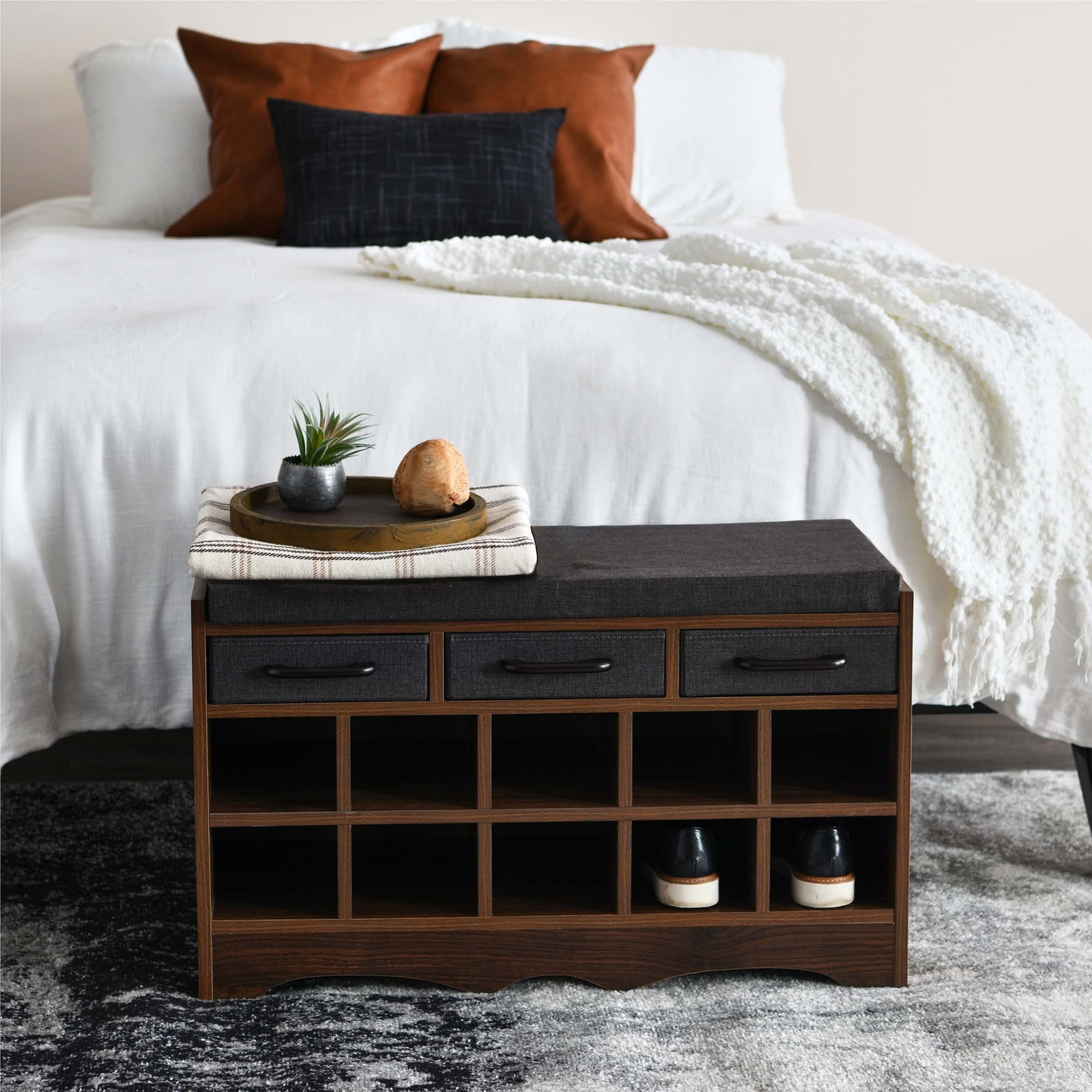 Mid Century Walnut Wood Grain Entryway Storage Bench with 3 Dark Grey Drawers & 10 Shoe Compartments - Perfect for Small Space Organization, Entryway Seating & Shoe Storage in Apartments, Hallways or Mudrooms
