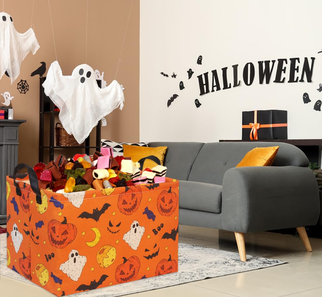 Halloween Basket for Kids - Cute Pumpkin-Shaped Rectangular Toy Storage Bin & Organizer Box - Perfect for Halloween Party Decor, Trick-or-Treating & Room Organization (Yellow)