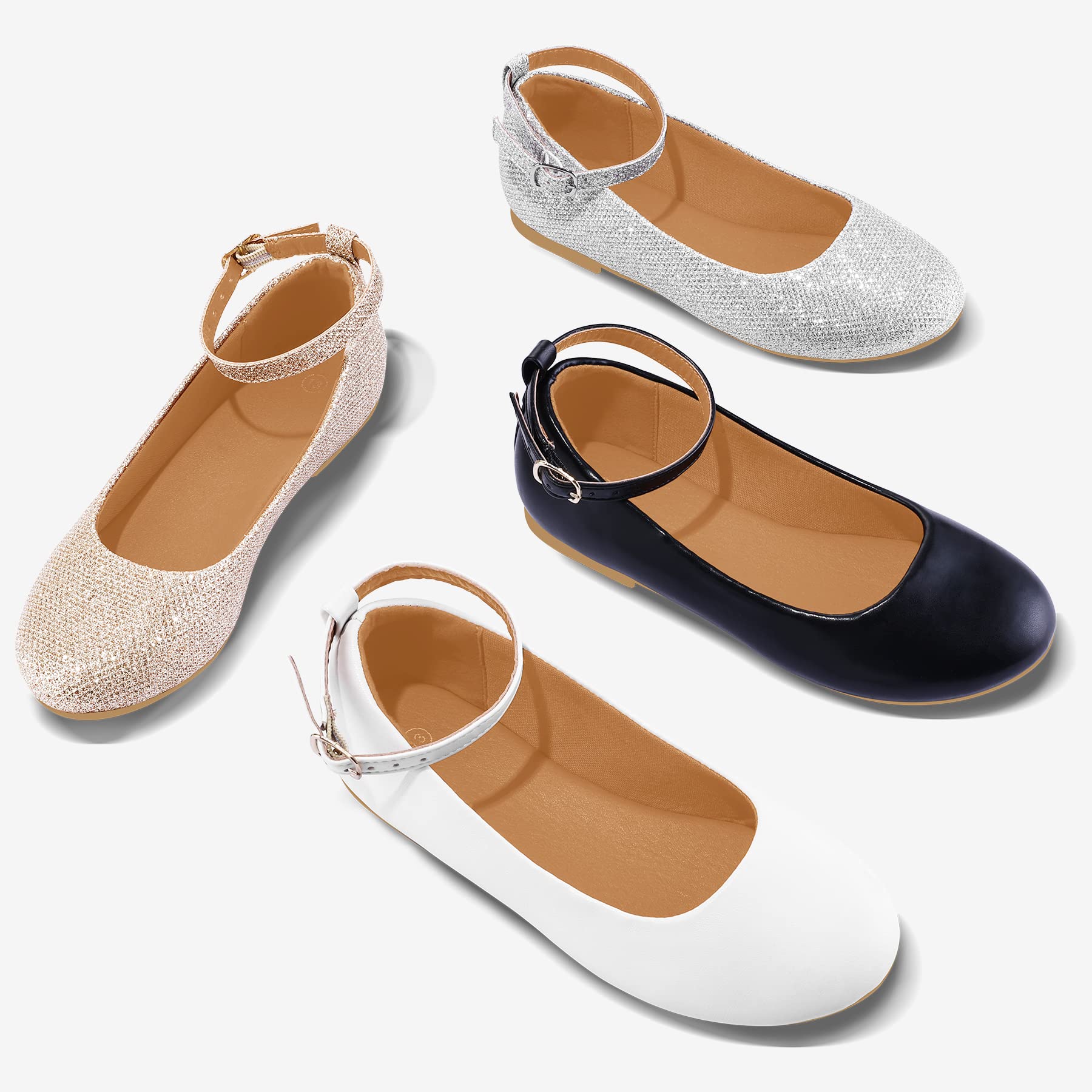 K KomForme Girls' Ballerina Flats with Ankle Strap - Comfortable Dress Ballet Shoes for Toddler, Little Kid & Big Kid - Perfect for Dance Class, Parties & Everyday Wear