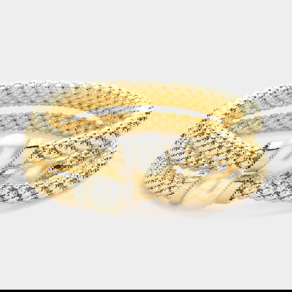 3PCS Gold Pearl Mesh Metal Stretch Multi-Layered Bracelets for Women - Elegant Stackable Jewelry for Party, Wedding & Everyday Wear