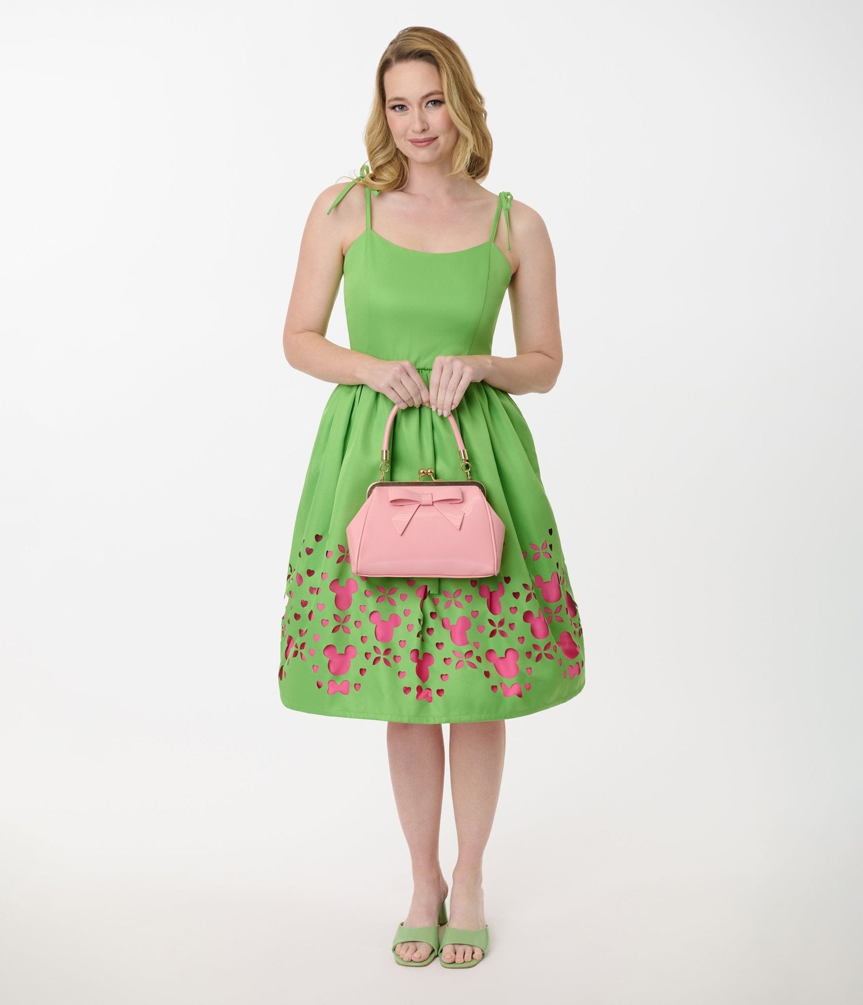 Disney Mickey & Friends Vintage Neon Green & Pink Cutout Swing Dress - Perfect for Cosplay, Theme Parks & Retro Fashion