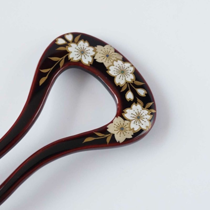 Handmade Japanese Kanzashi Hairpin - Pure Gold Maki-e Urushi Lacquer & Raden Mother of Pearl Inlay Cherry Blossom Design, Deep Dark Brown - Traditional Kyoto Hair Ornament for Weddings, Tea Ceremonies & Kimono Styling