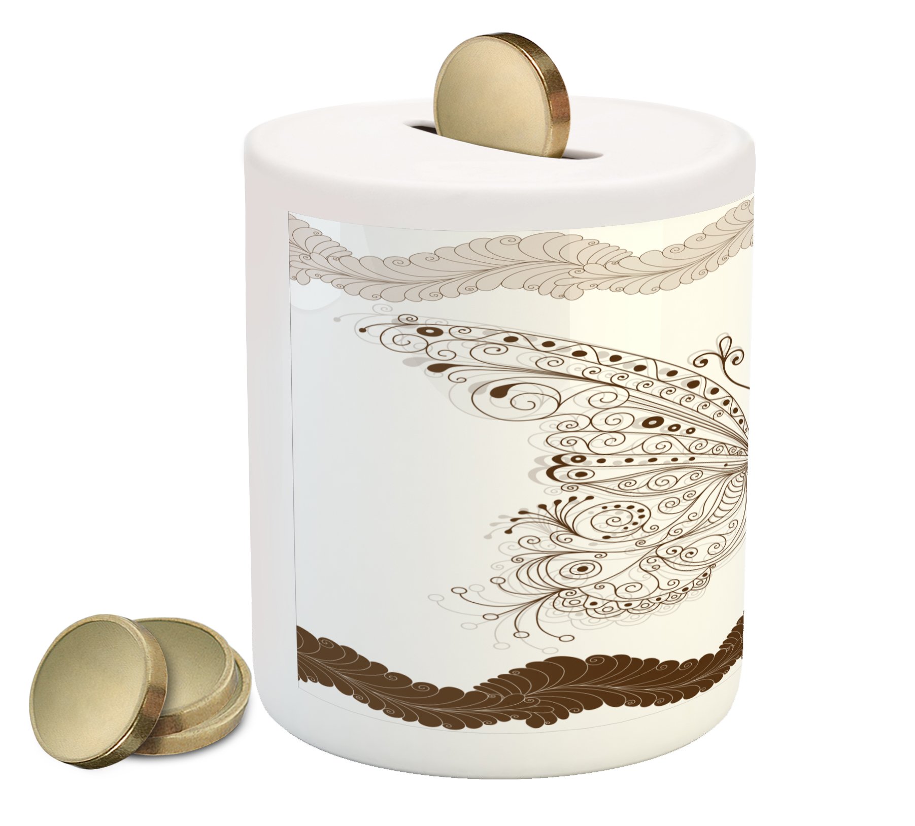 Ambesonne Vintage Butterfly Ceramic Piggy Bank - Swirled Wing Art Money Box for Cash Saving, White Brown Grey - Perfect for Home Decor, Kids Savings & Gift Giving
